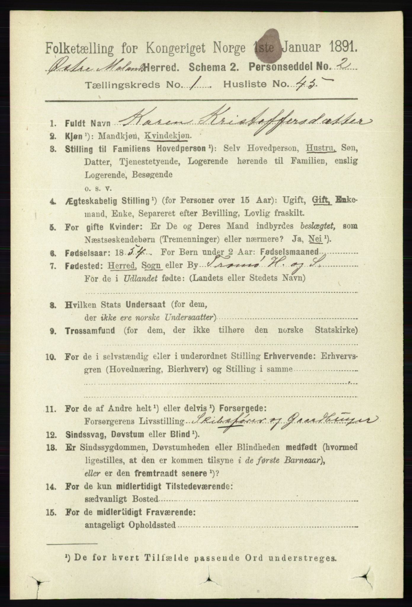 RA, 1891 census for 0918 Austre Moland, 1891, p. 389