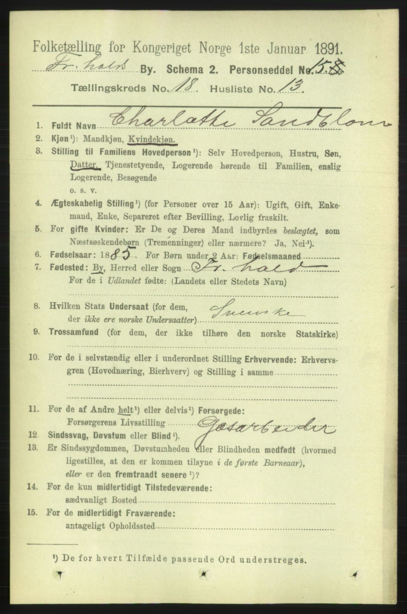RA, 1891 census for 0101 Fredrikshald, 1891, p. 11536