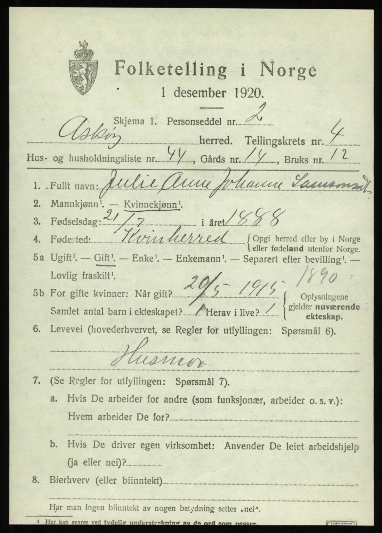 SAB, 1920 census for Askøy, 1920, p. 8164