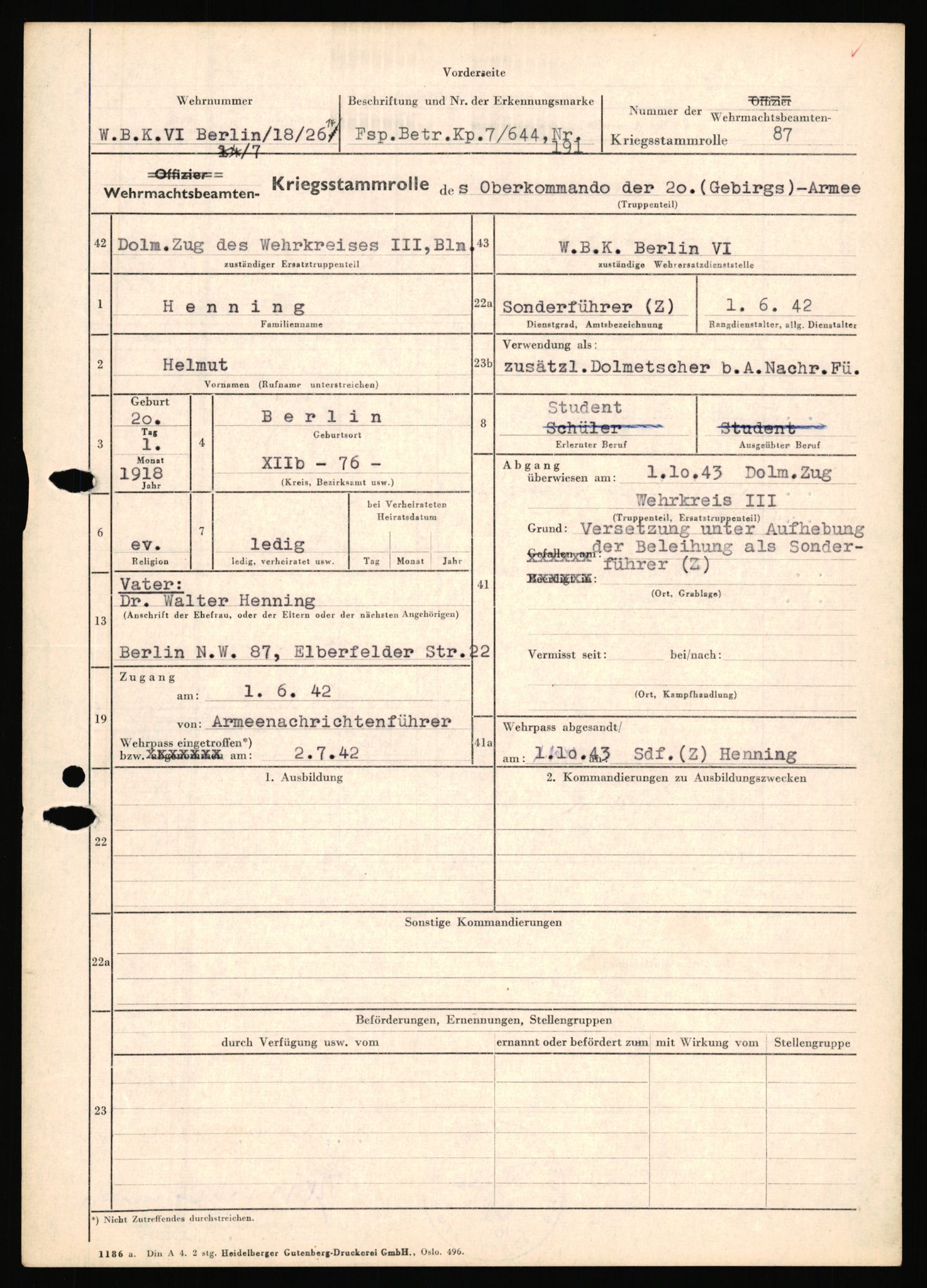 Forsvarets Overkommando. 2 kontor. Arkiv 11.4. Spredte tyske arkivsaker, AV/RA-RAFA-7031/D/Dar/Dara/L0018: Personalbøker, 1940-1945, p. 703