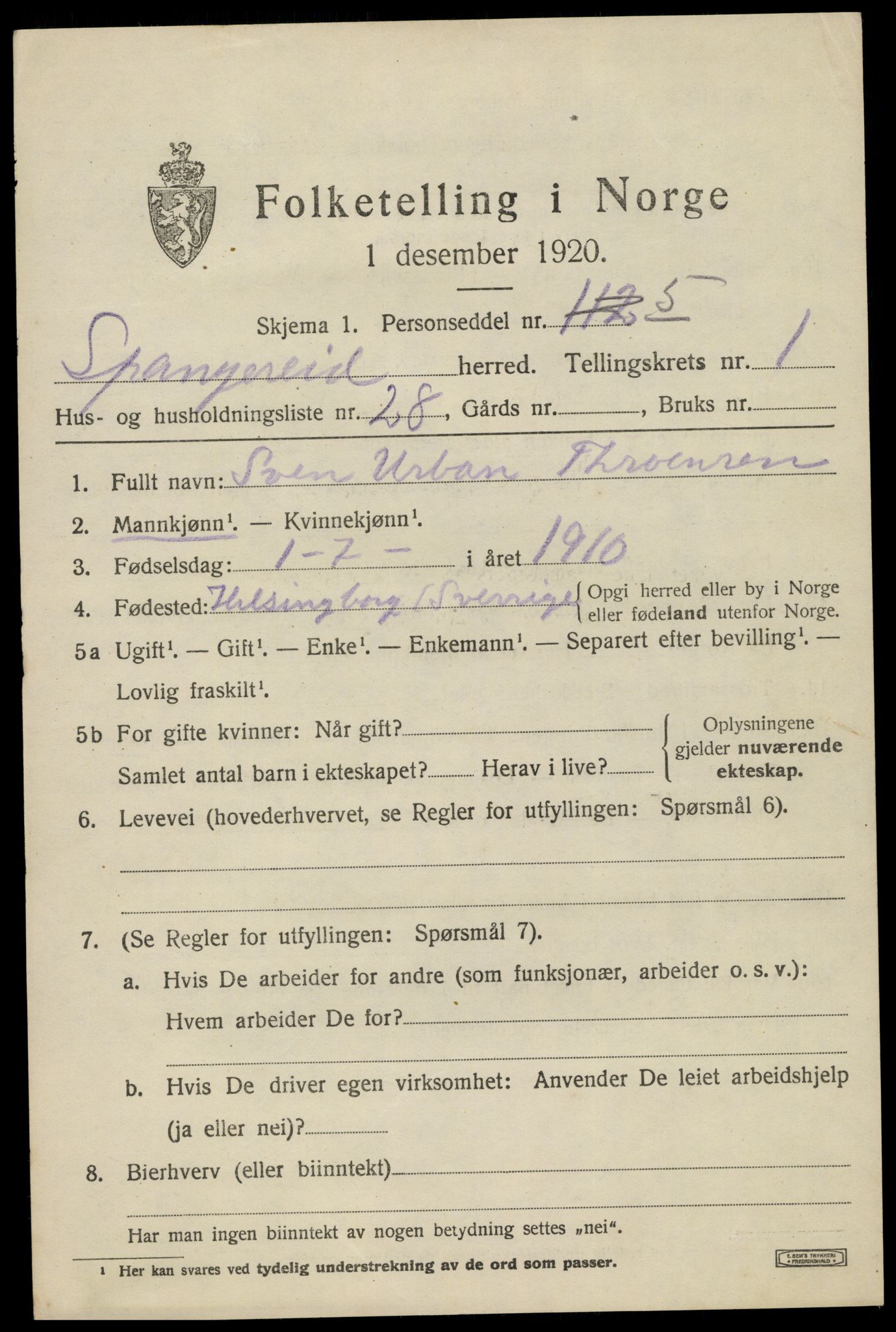 SAK, 1920 census for Spangereid, 1920, p. 1059