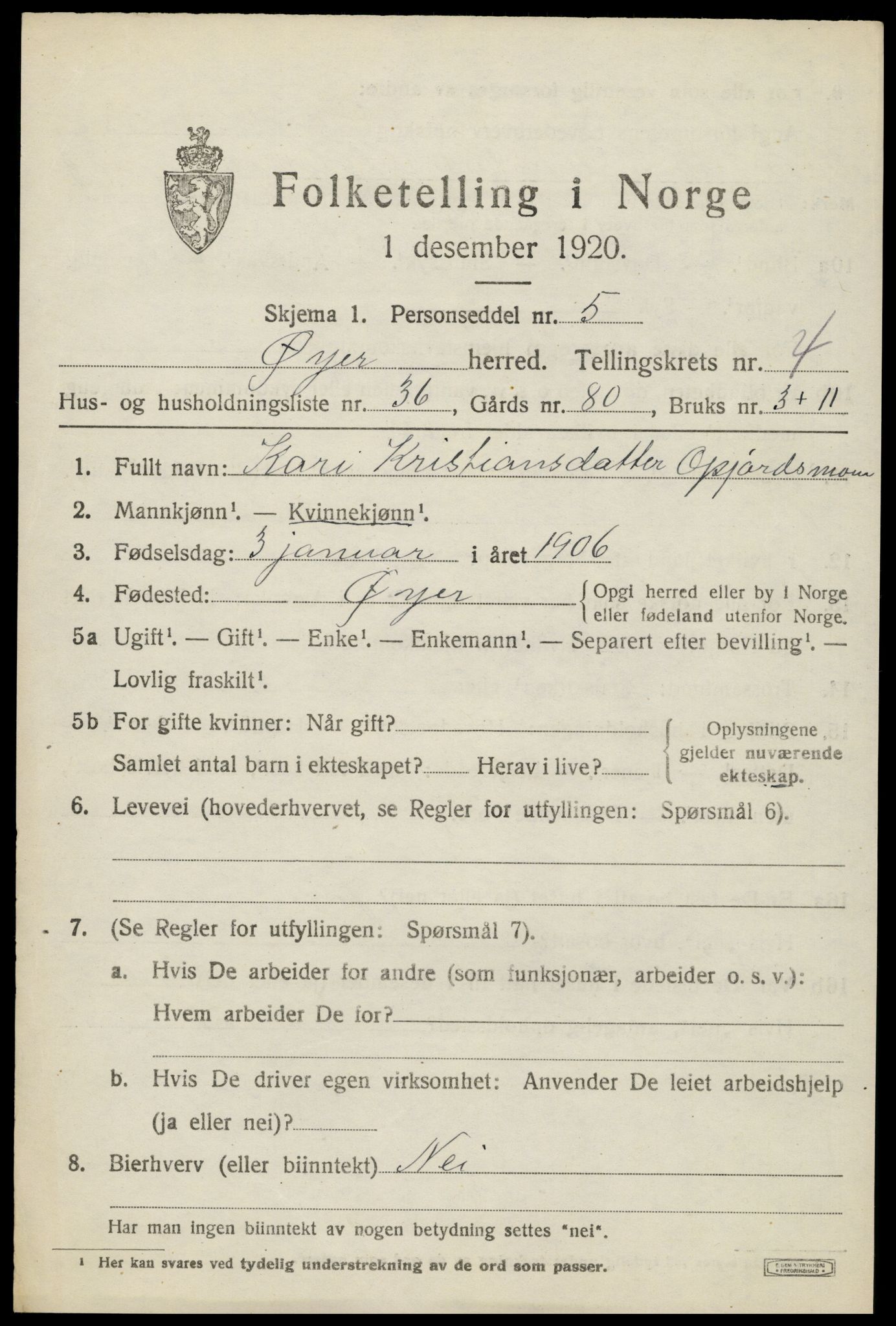 SAH, 1920 census for Øyer, 1920, p. 4269