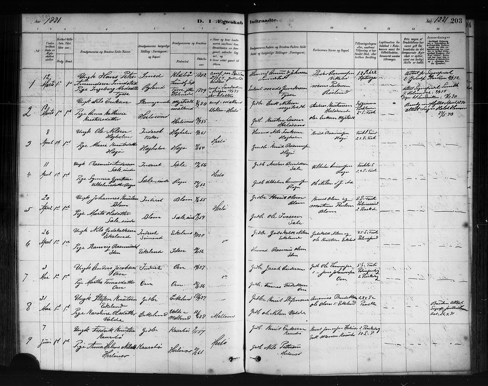 Herdla Sokneprestembete, AV/SAB-A-75701/H/Haa: Parish register (official) no. A 3, 1878-1890, p. 203