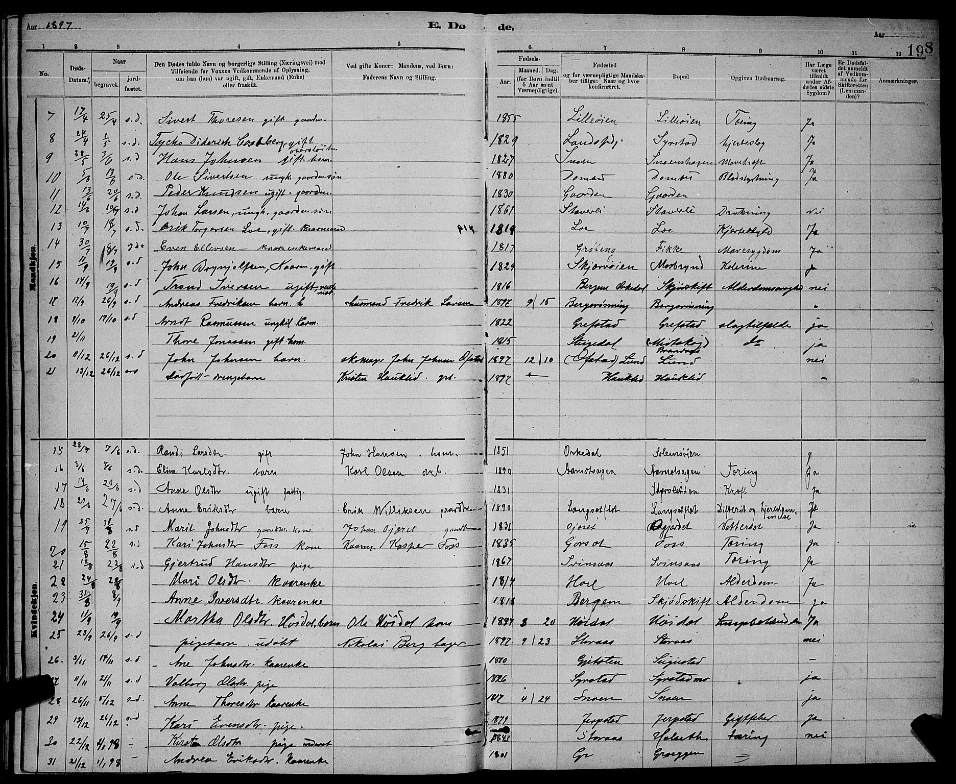Ministerialprotokoller, klokkerbøker og fødselsregistre - Sør-Trøndelag, SAT/A-1456/672/L0863: Parish register (copy) no. 672C02, 1888-1901, p. 198