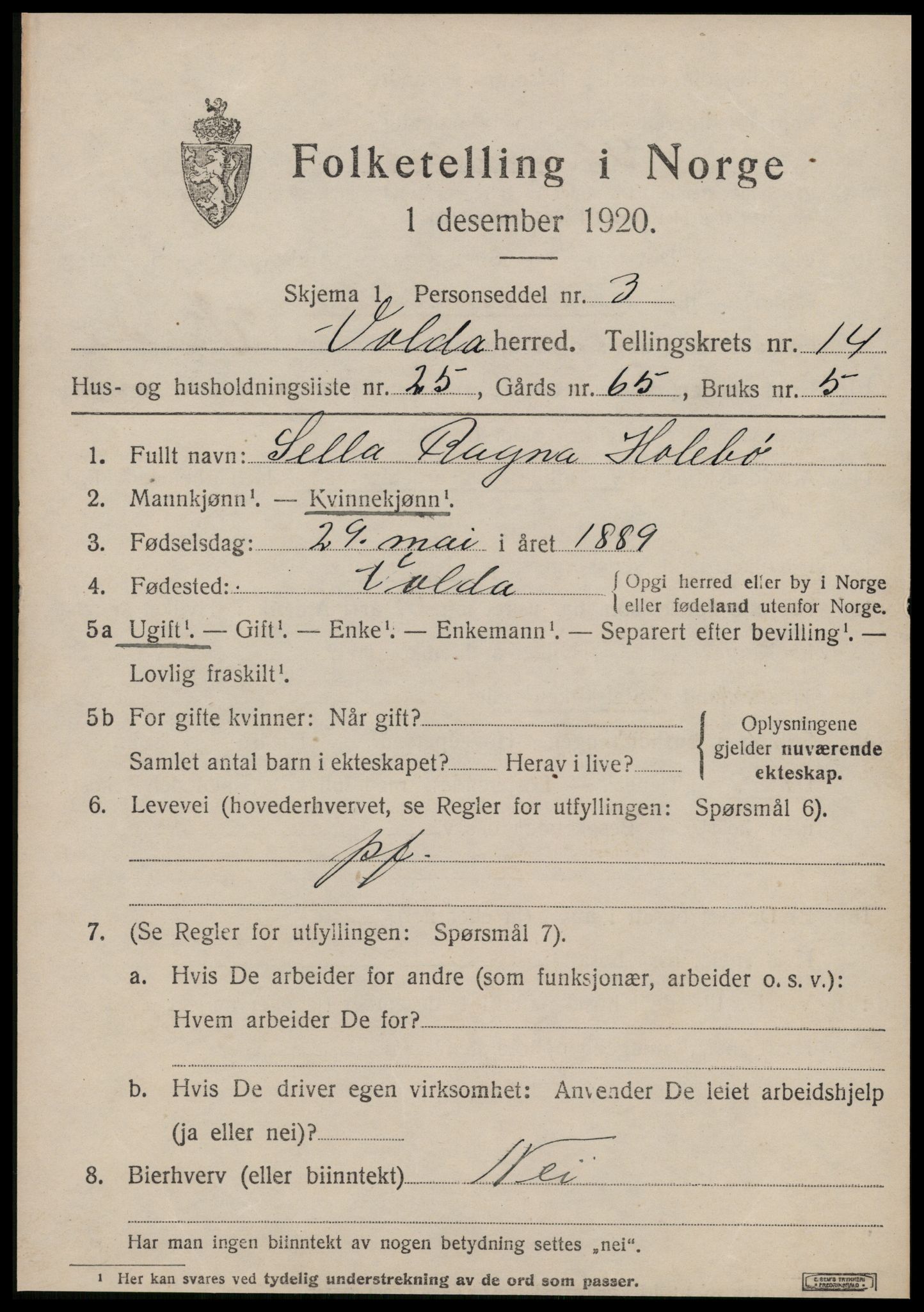 SAT, 1920 census for Volda, 1920, p. 8968