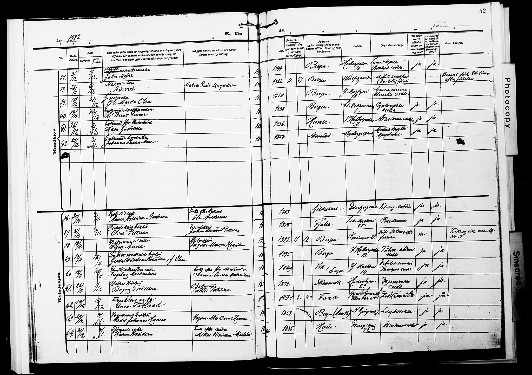 Nykirken Sokneprestembete, AV/SAB-A-77101/H/Hab: Parish register (copy) no. E 2, 1918-1924, p. 52