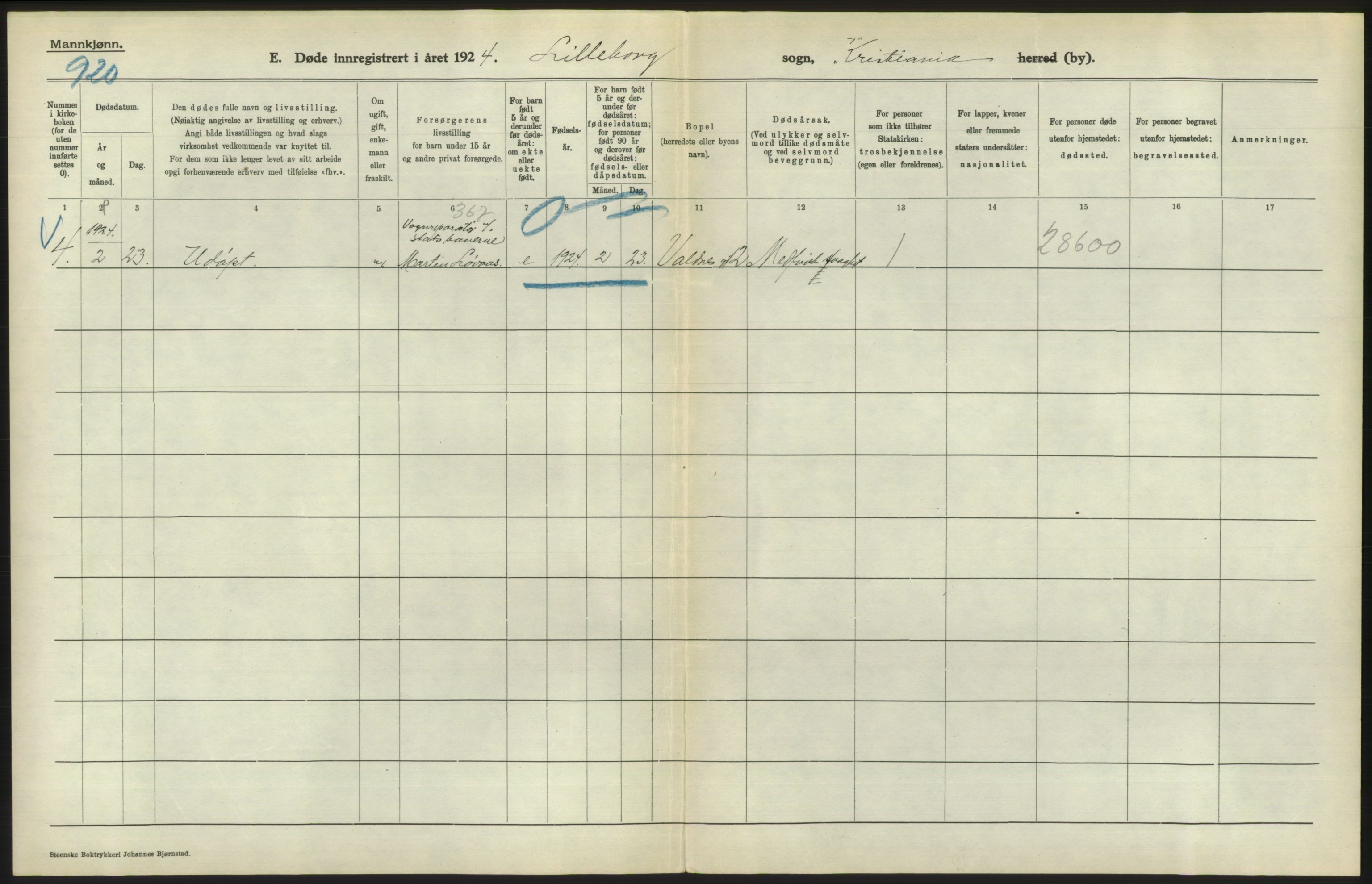 Statistisk sentralbyrå, Sosiodemografiske emner, Befolkning, AV/RA-S-2228/D/Df/Dfc/Dfcd/L0008: Kristiania: Døde menn, 1924, p. 580