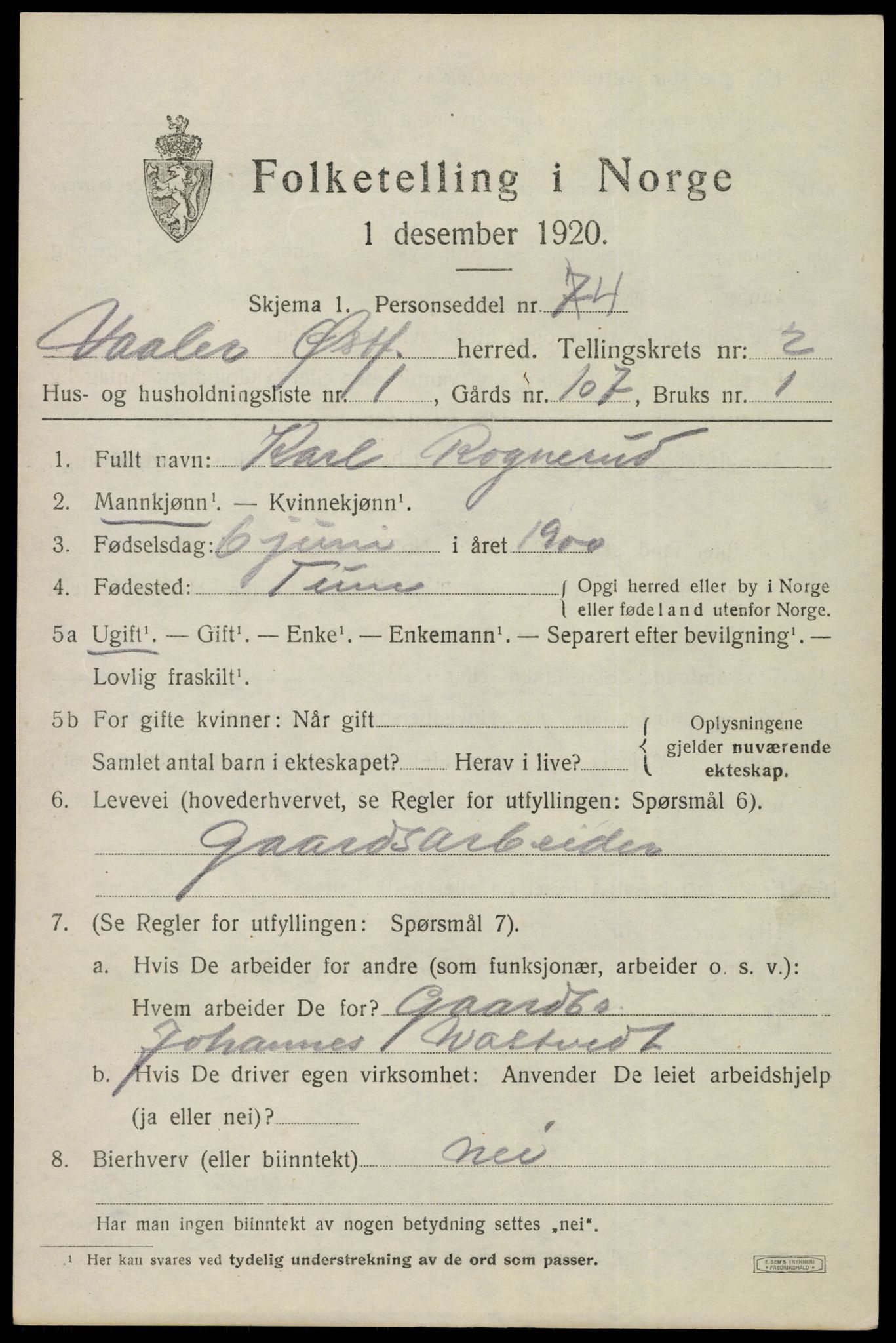 SAO, 1920 census for Våler, 1920, p. 1388