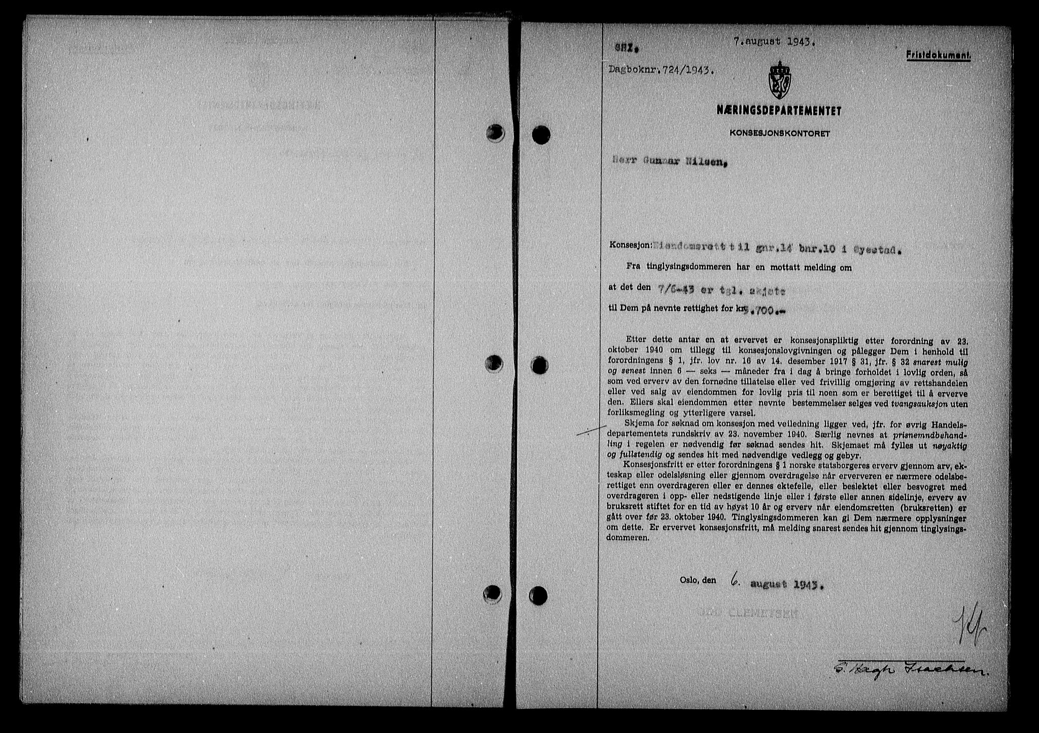 Nedenes sorenskriveri, SAK/1221-0006/G/Gb/Gba/L0051: Mortgage book no. A-V, 1943-1944, Diary no: : 724/1943