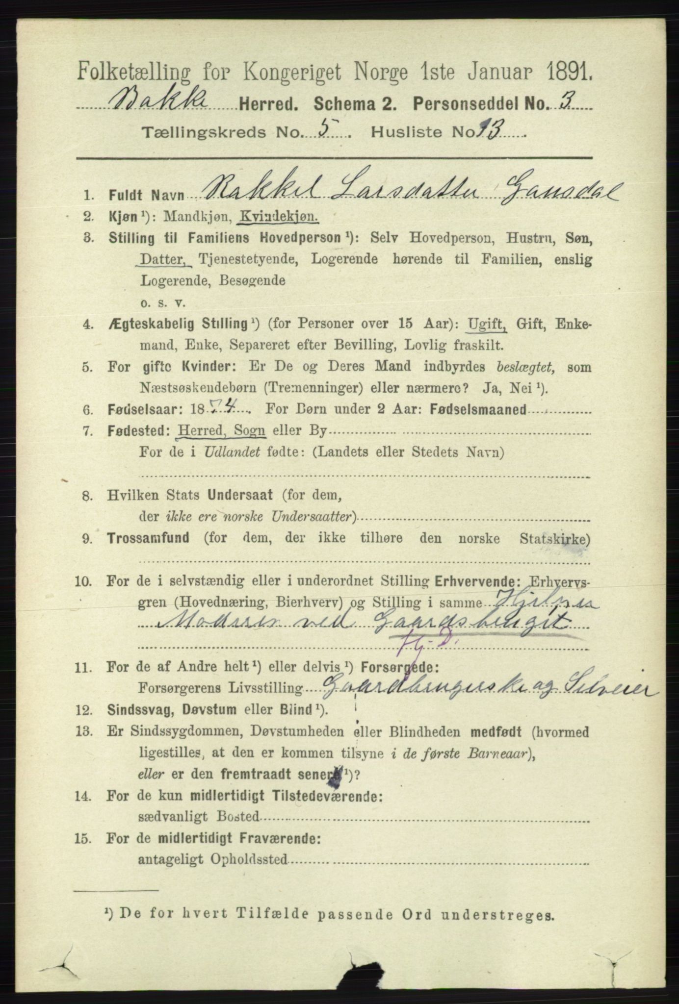 RA, 1891 census for 1045 Bakke, 1891, p. 1143