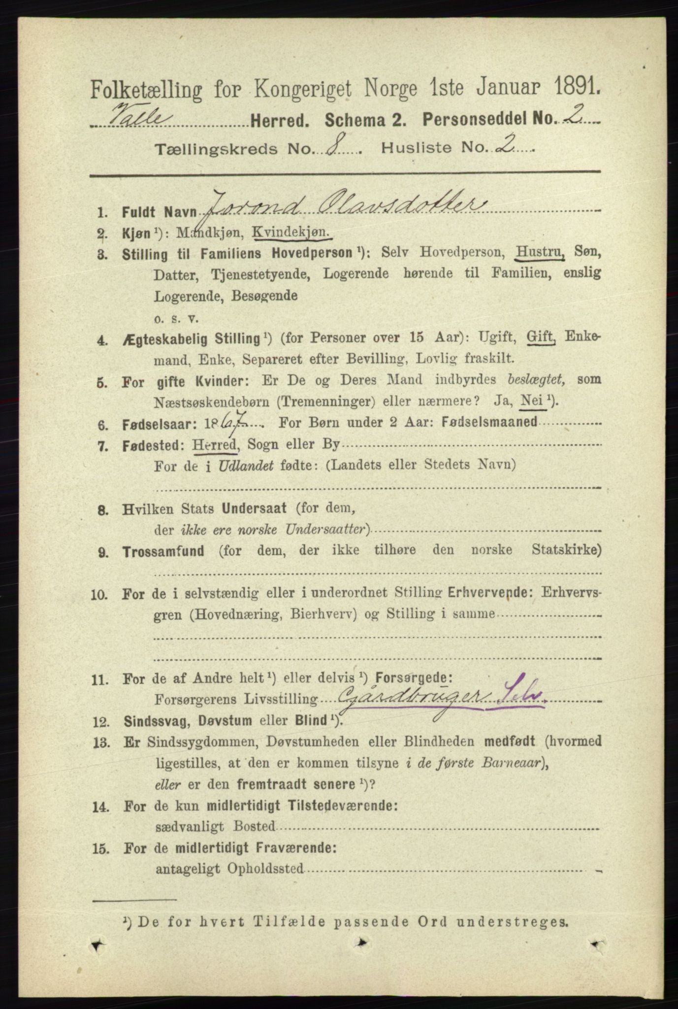 RA, 1891 census for 0940 Valle, 1891, p. 2243