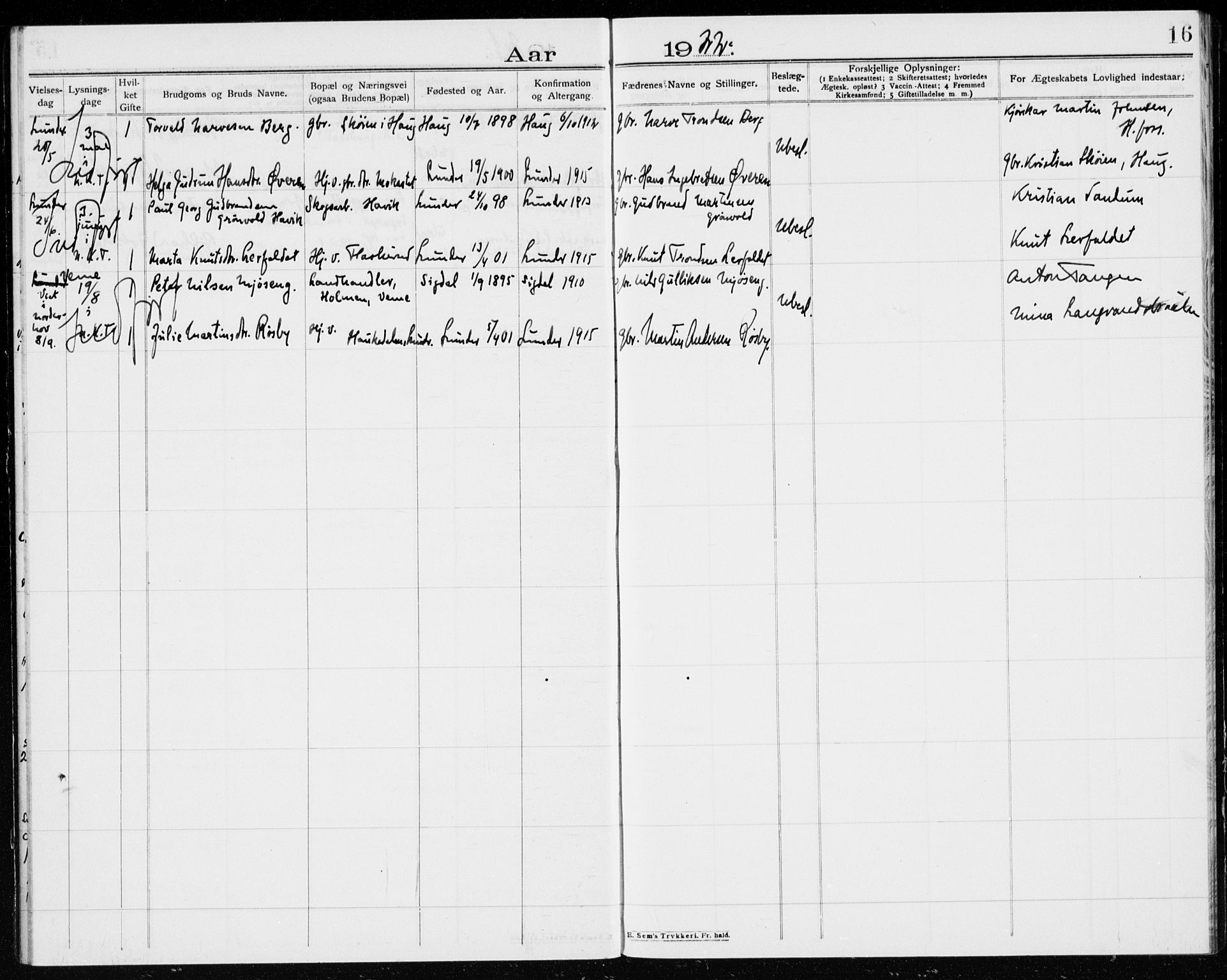 Lunder kirkebøker, AV/SAKO-A-629/H/Ha/L0001: Banns register no. 1, 1909-1922, p. 16