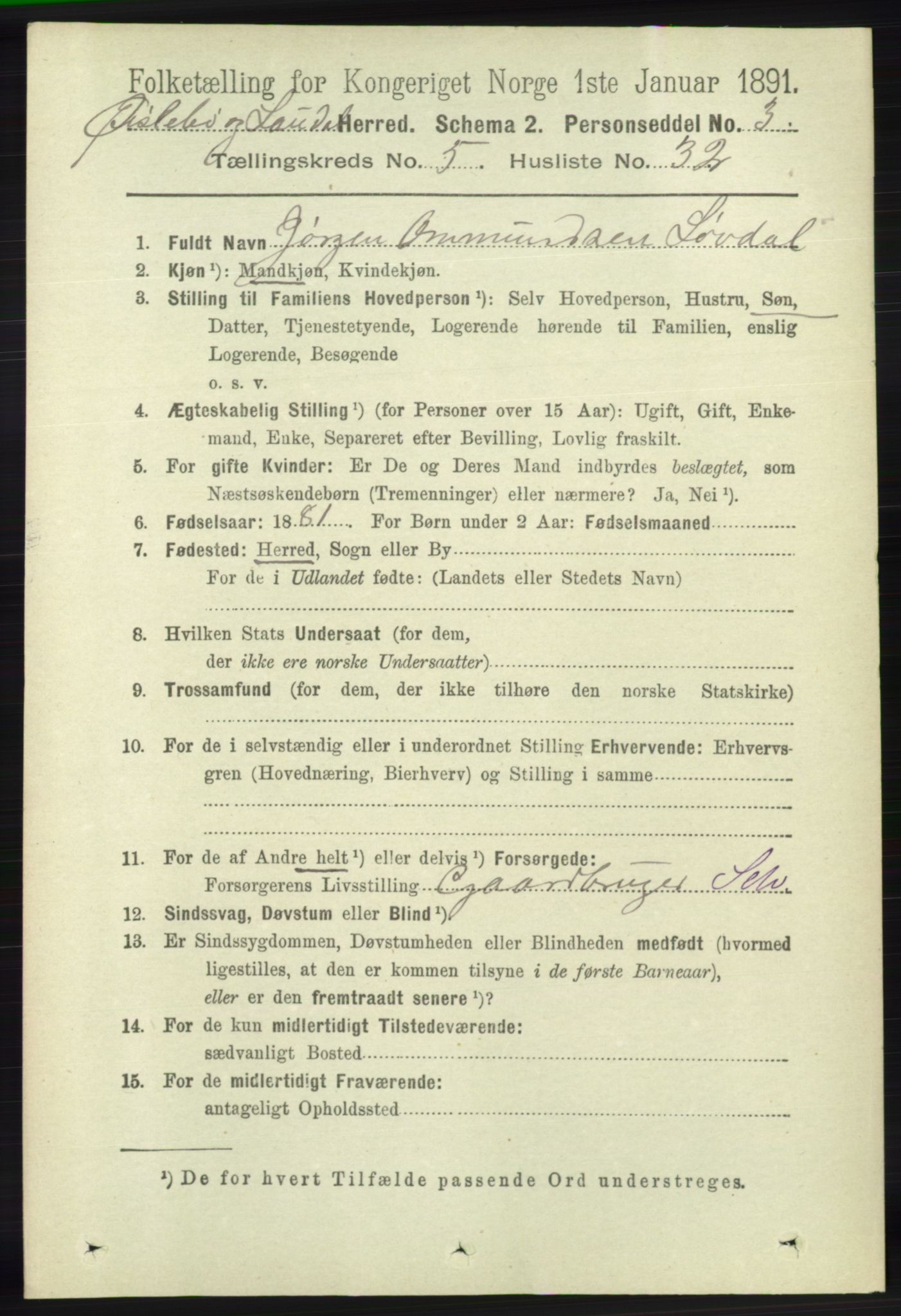 RA, 1891 census for 1021 Øyslebø og Laudal, 1891, p. 1520