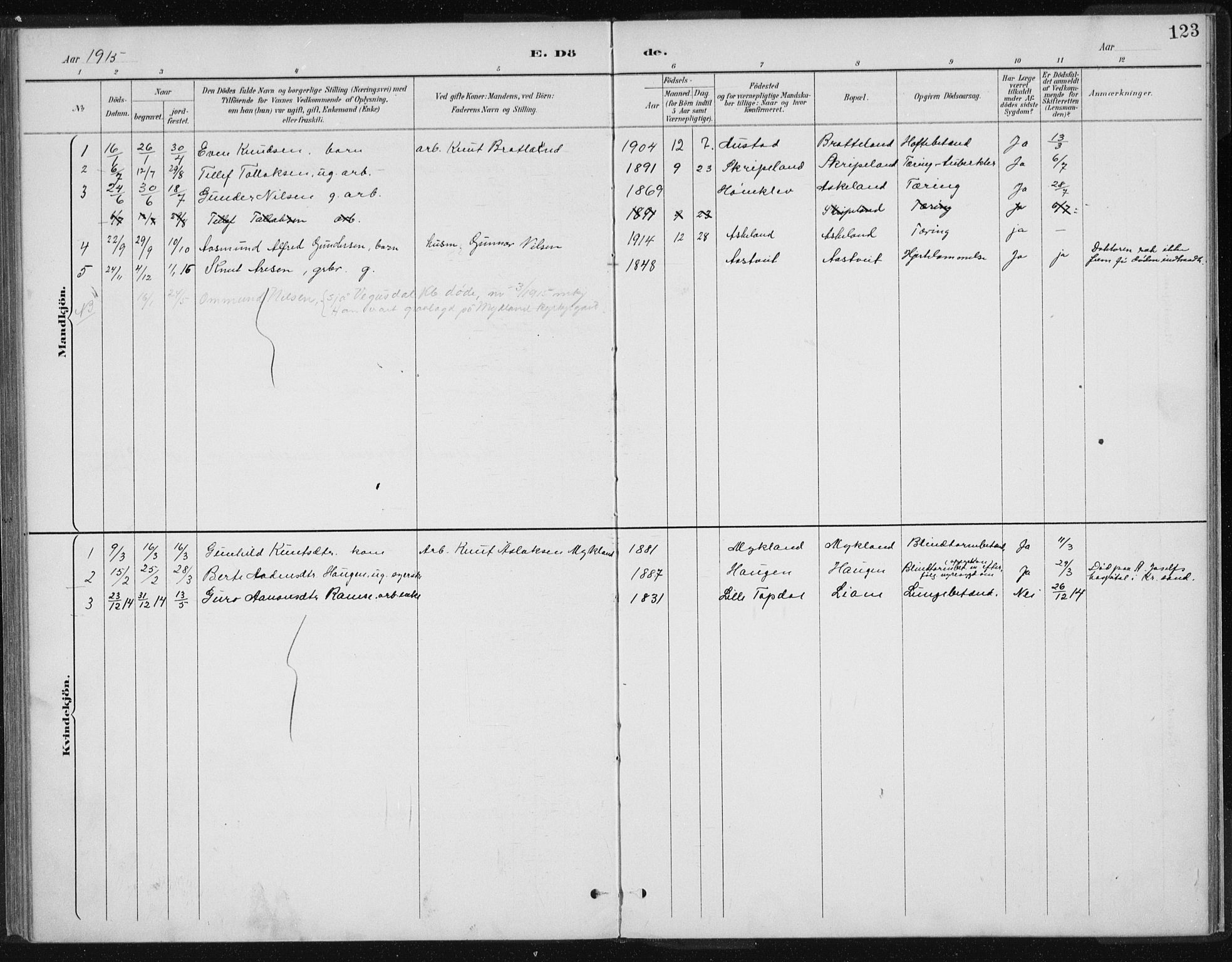 Herefoss sokneprestkontor, SAK/1111-0019/F/Fa/Fac/L0002: Parish register (official) no. A 2, 1887-1915, p. 123