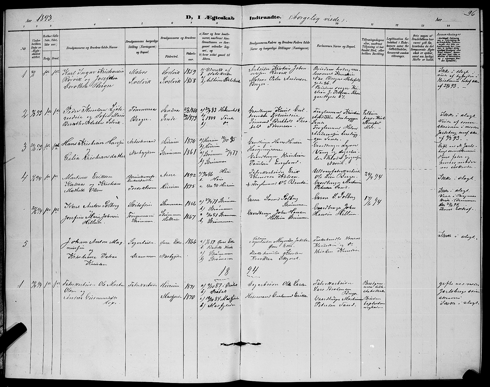 Strømm kirkebøker, SAKO/A-322/G/Ga/L0003: Parish register (copy) no. I 3, 1889-1896, p. 96