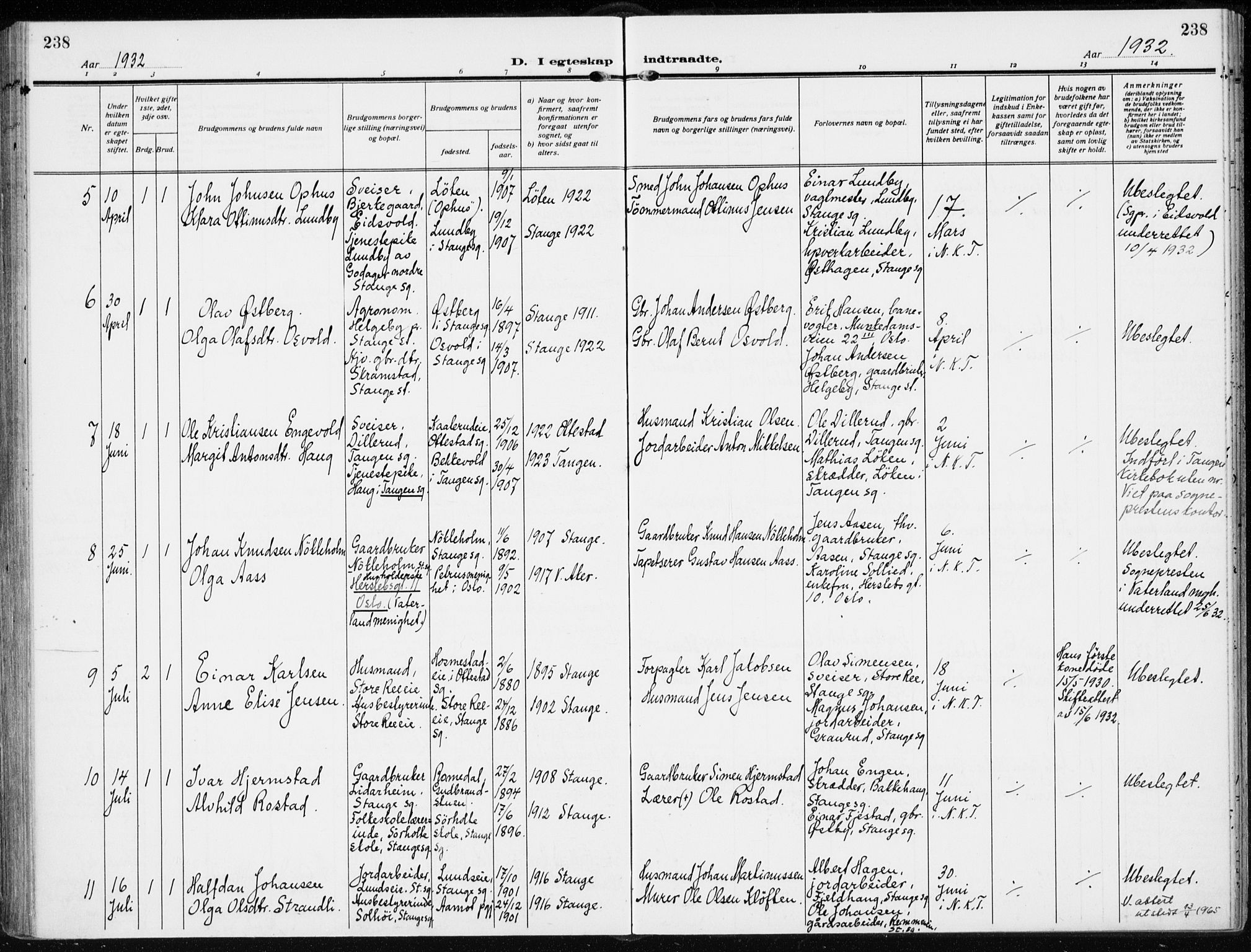 Stange prestekontor, AV/SAH-PREST-002/K/L0026: Parish register (official) no. 26, 1923-1937, p. 238