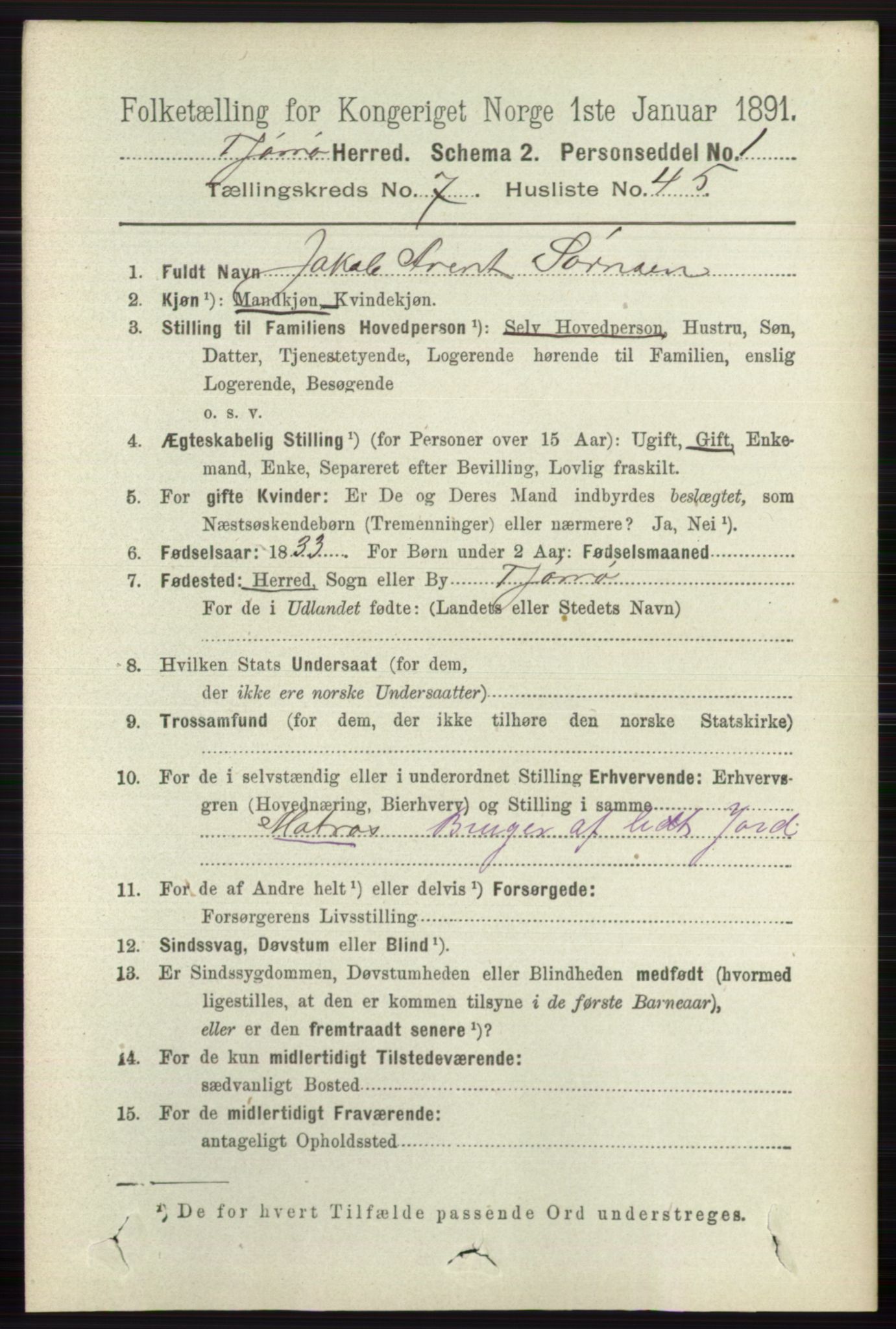 RA, 1891 census for 0723 Tjøme, 1891, p. 2713