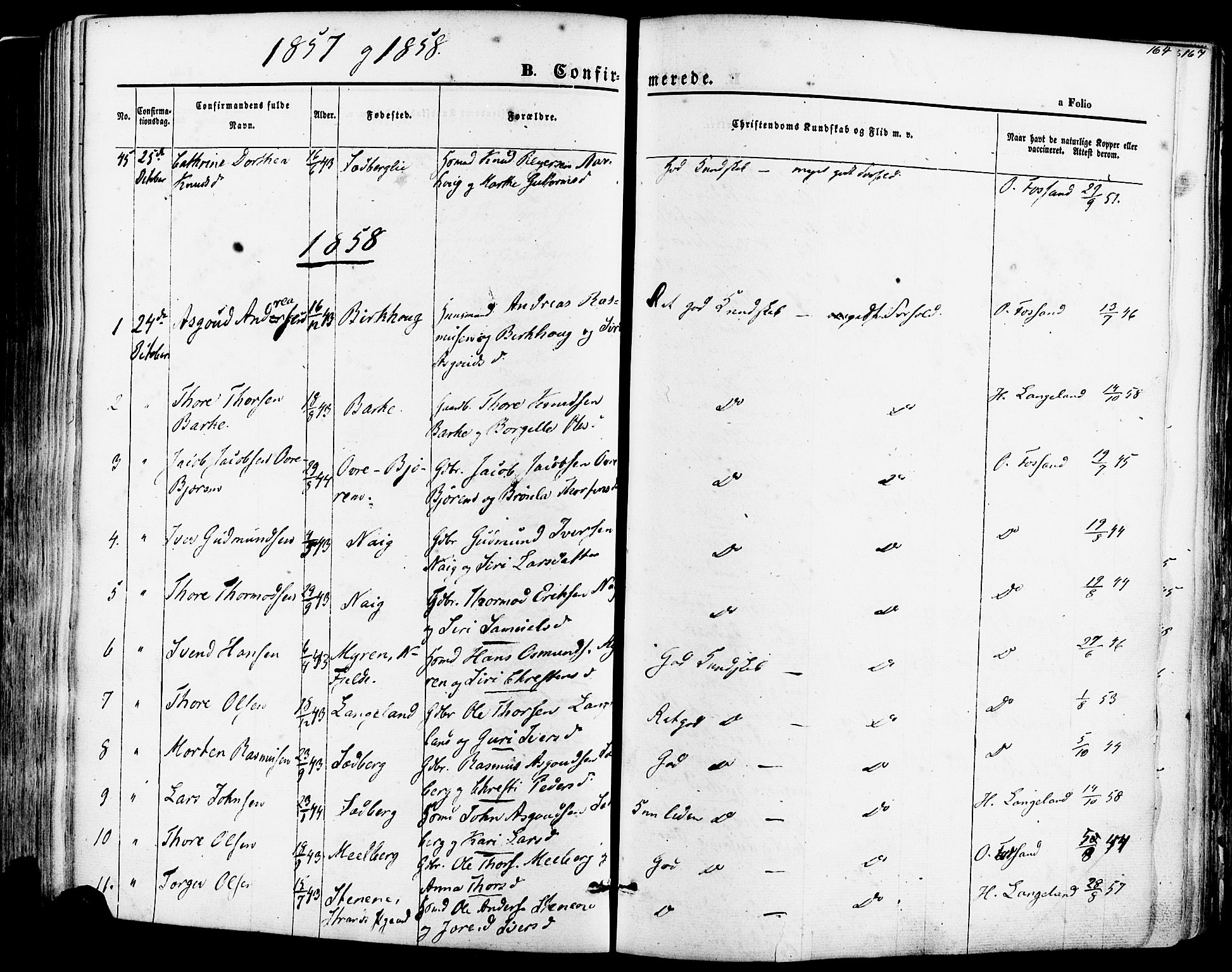 Strand sokneprestkontor, AV/SAST-A-101828/H/Ha/Haa/L0007: Parish register (official) no. A 7, 1855-1881, p. 164