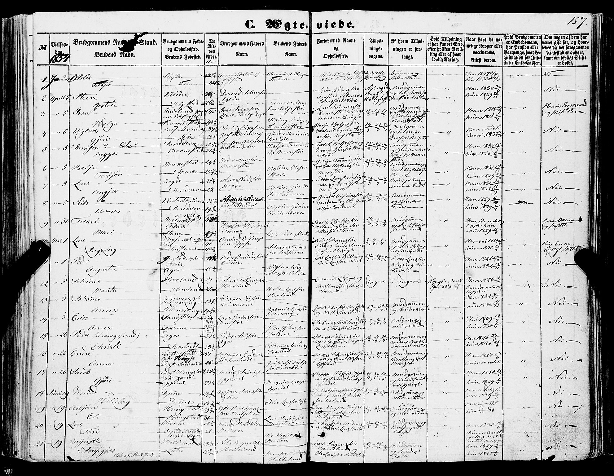 Ullensvang sokneprestembete, SAB/A-78701/H/Haa: Parish register (official) no. A 11, 1854-1866, p. 157