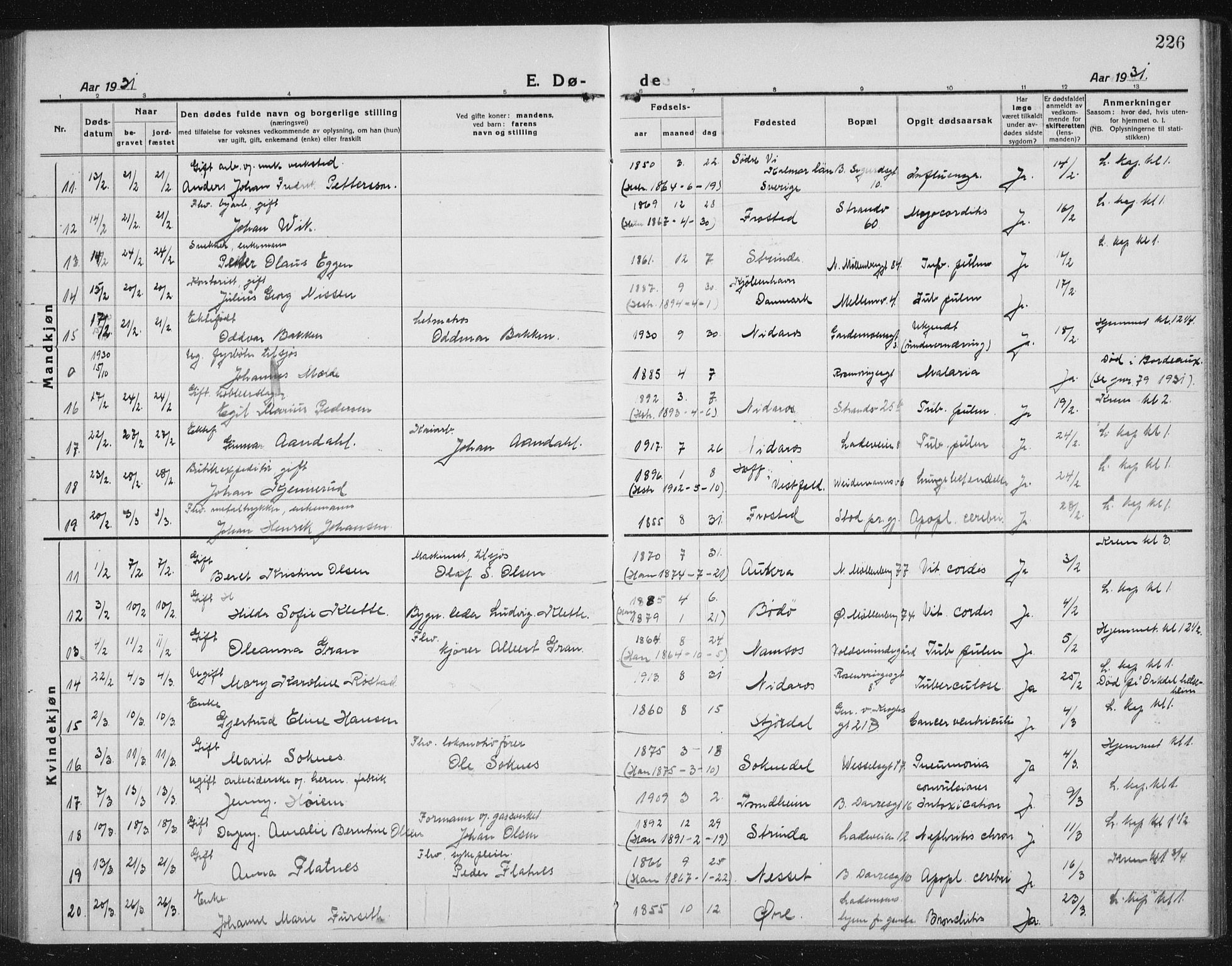 Ministerialprotokoller, klokkerbøker og fødselsregistre - Sør-Trøndelag, AV/SAT-A-1456/605/L0260: Parish register (copy) no. 605C07, 1922-1942, p. 226