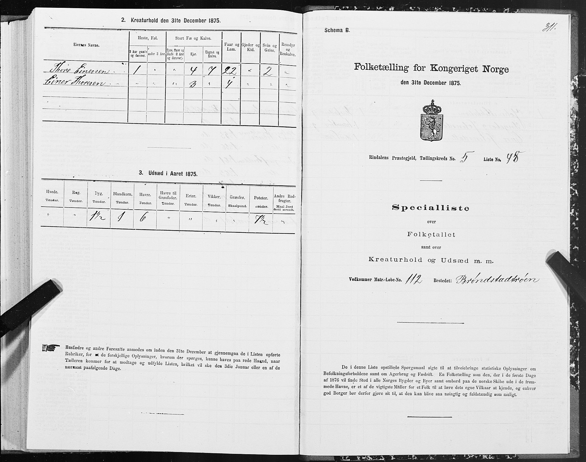 SAT, 1875 census for 1567P Rindal, 1875, p. 2311