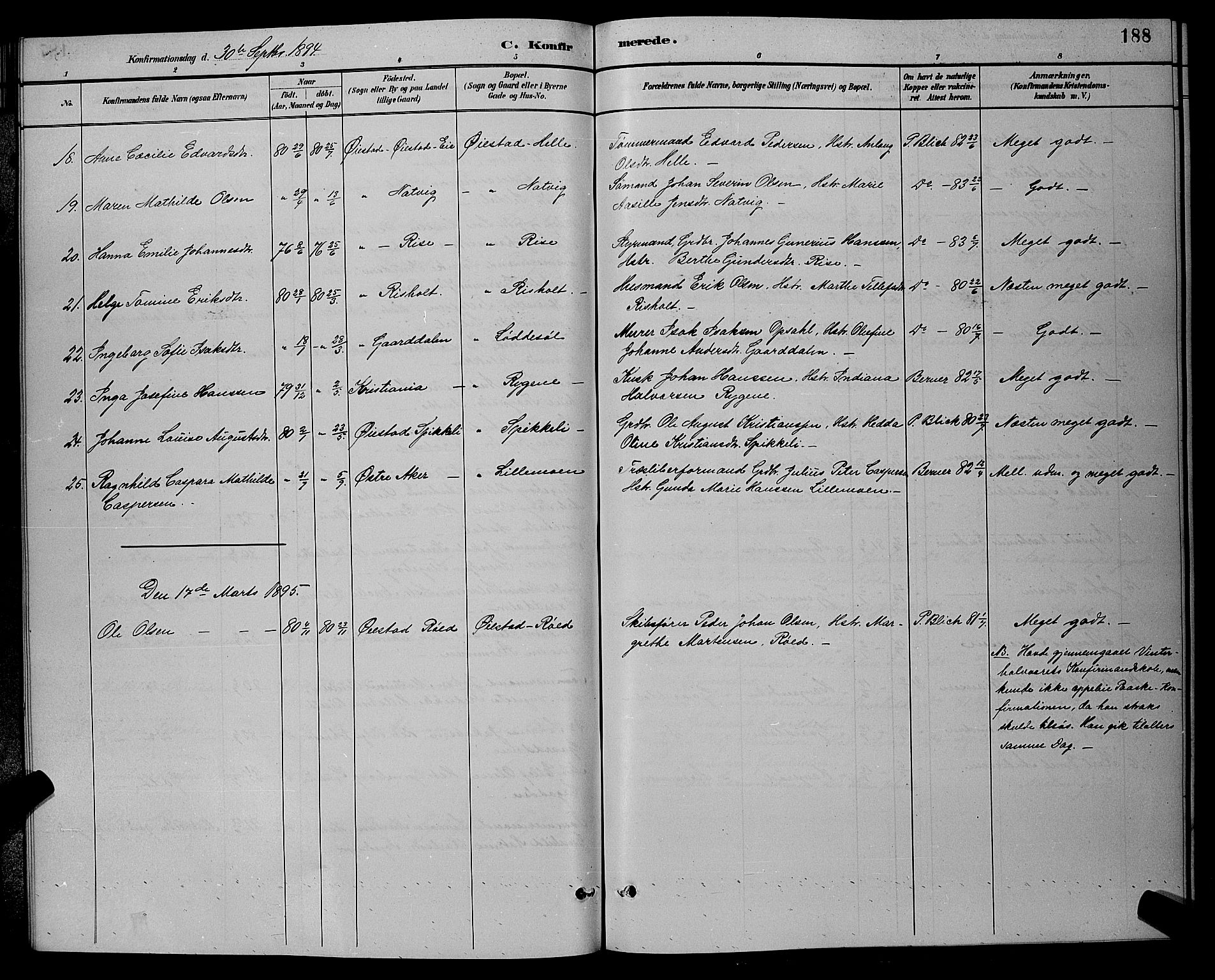 Øyestad sokneprestkontor, AV/SAK-1111-0049/F/Fb/L0009: Parish register (copy) no. B 9, 1886-1896, p. 188