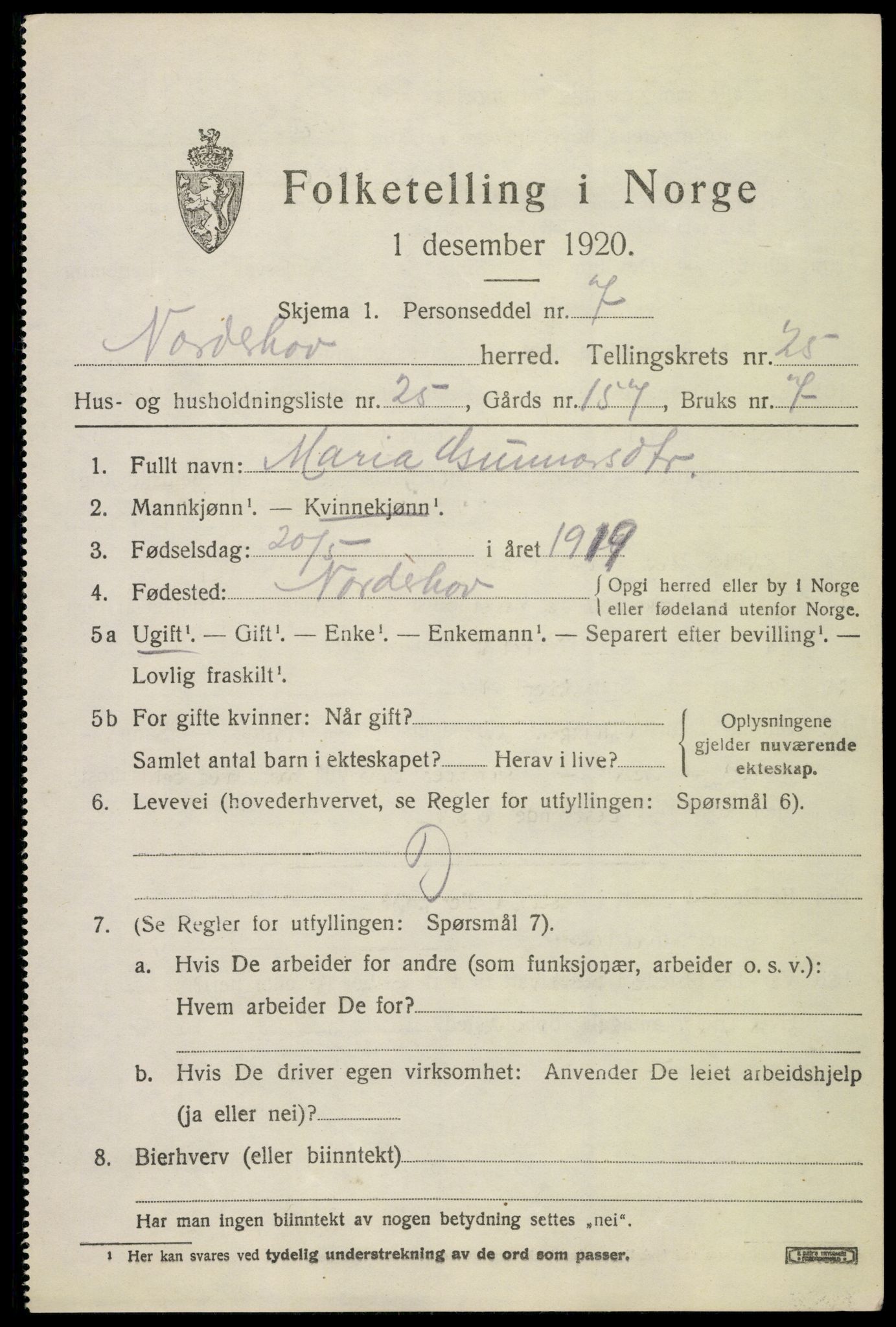 SAKO, 1920 census for Norderhov, 1920, p. 24103