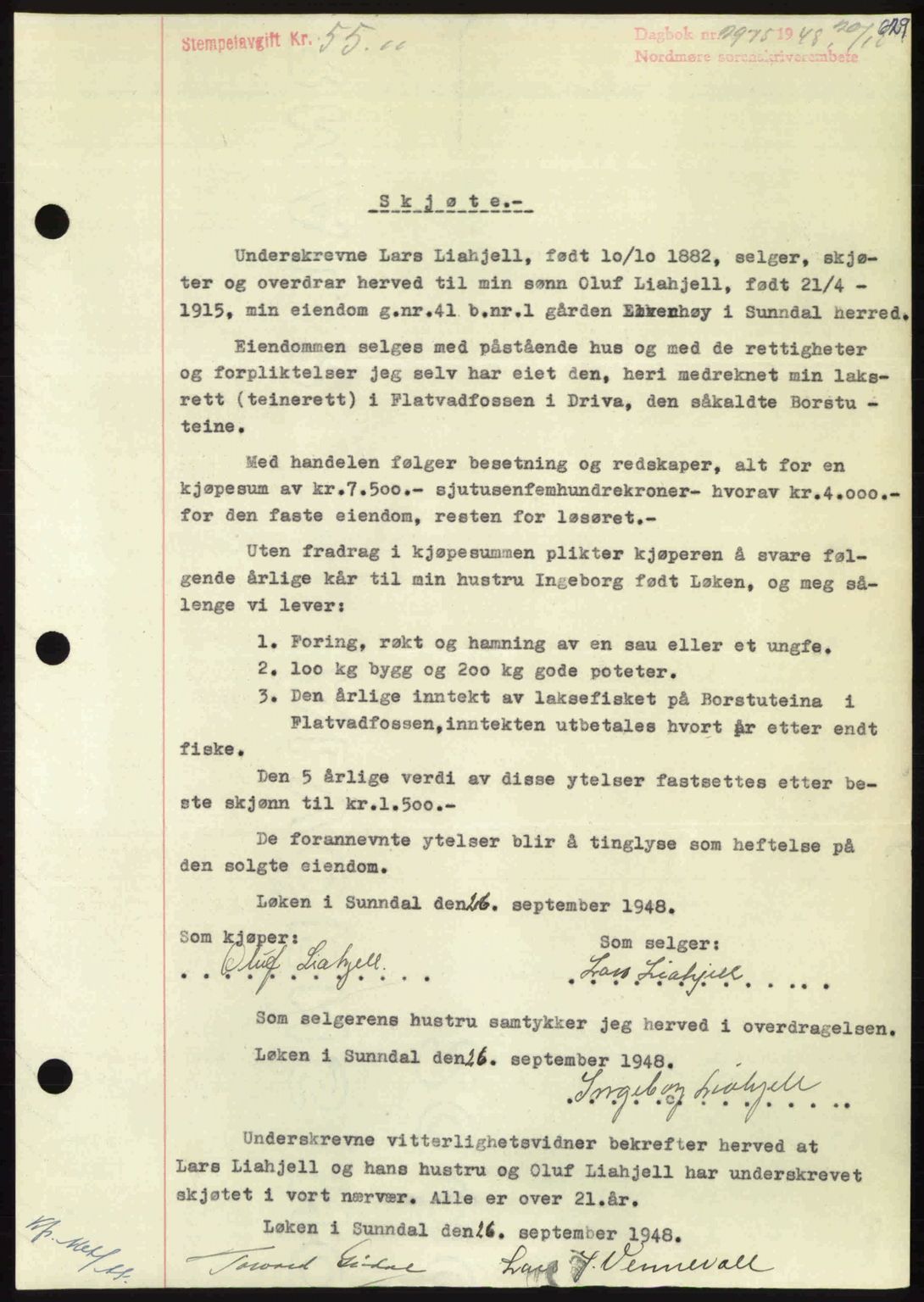 Nordmøre sorenskriveri, AV/SAT-A-4132/1/2/2Ca: Mortgage book no. A109, 1948-1948, Diary no: : 2975/1948