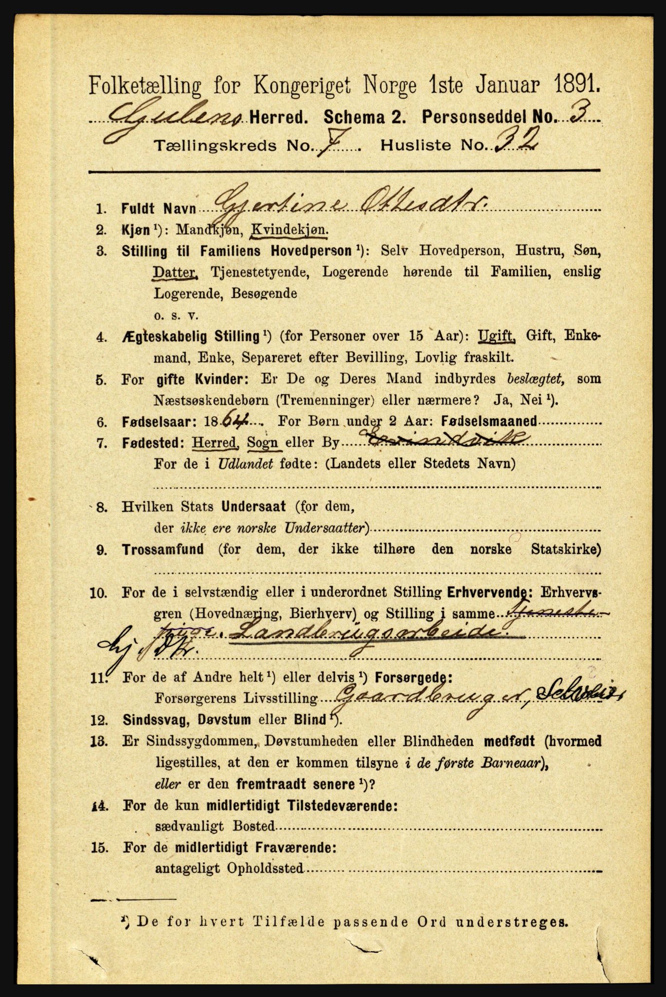 RA, 1891 census for 1411 Gulen, 1891, p. 2395