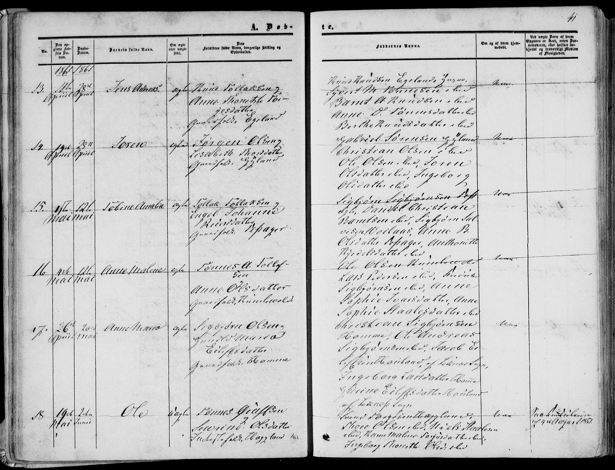 Bakke sokneprestkontor, AV/SAK-1111-0002/F/Fa/Fab/L0002: Parish register (official) no. A 2, 1855-1884, p. 41