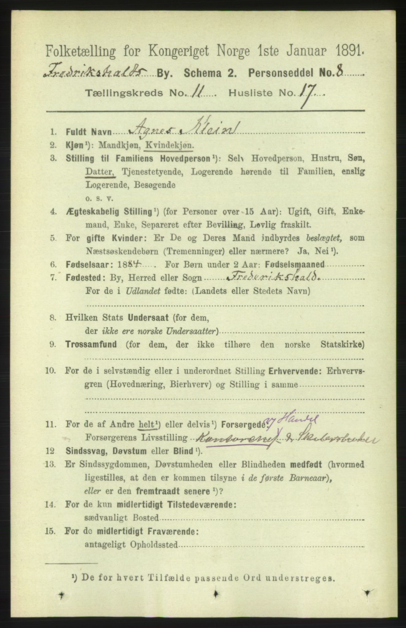 RA, 1891 census for 0101 Fredrikshald, 1891, p. 7851