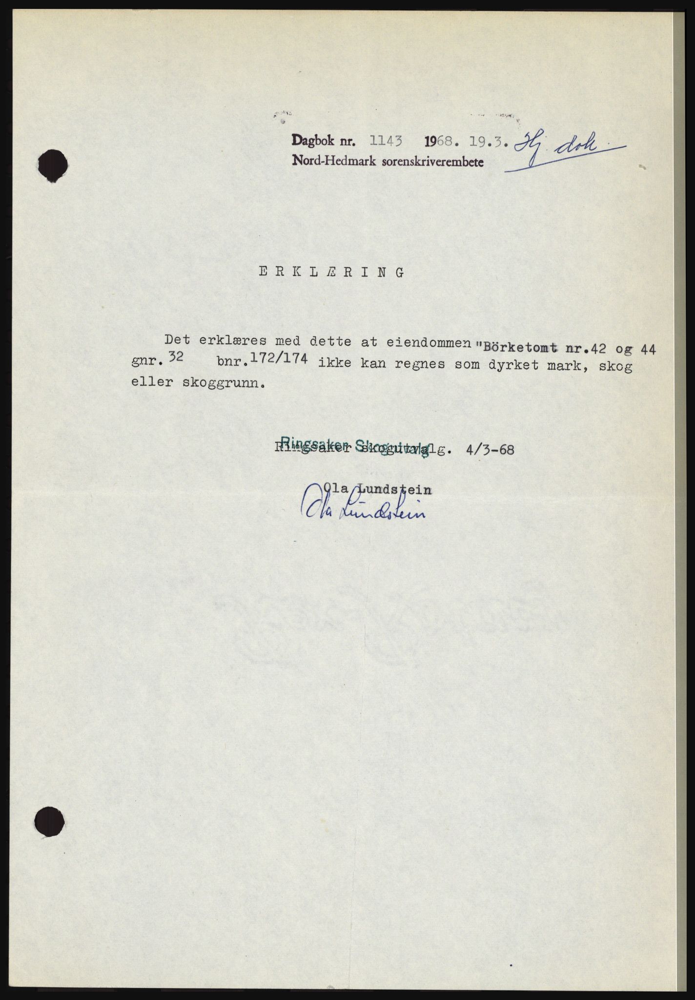 Nord-Hedmark sorenskriveri, SAH/TING-012/H/Hc/L0027: Mortgage book no. 27, 1967-1968, Diary no: : 1143/1968