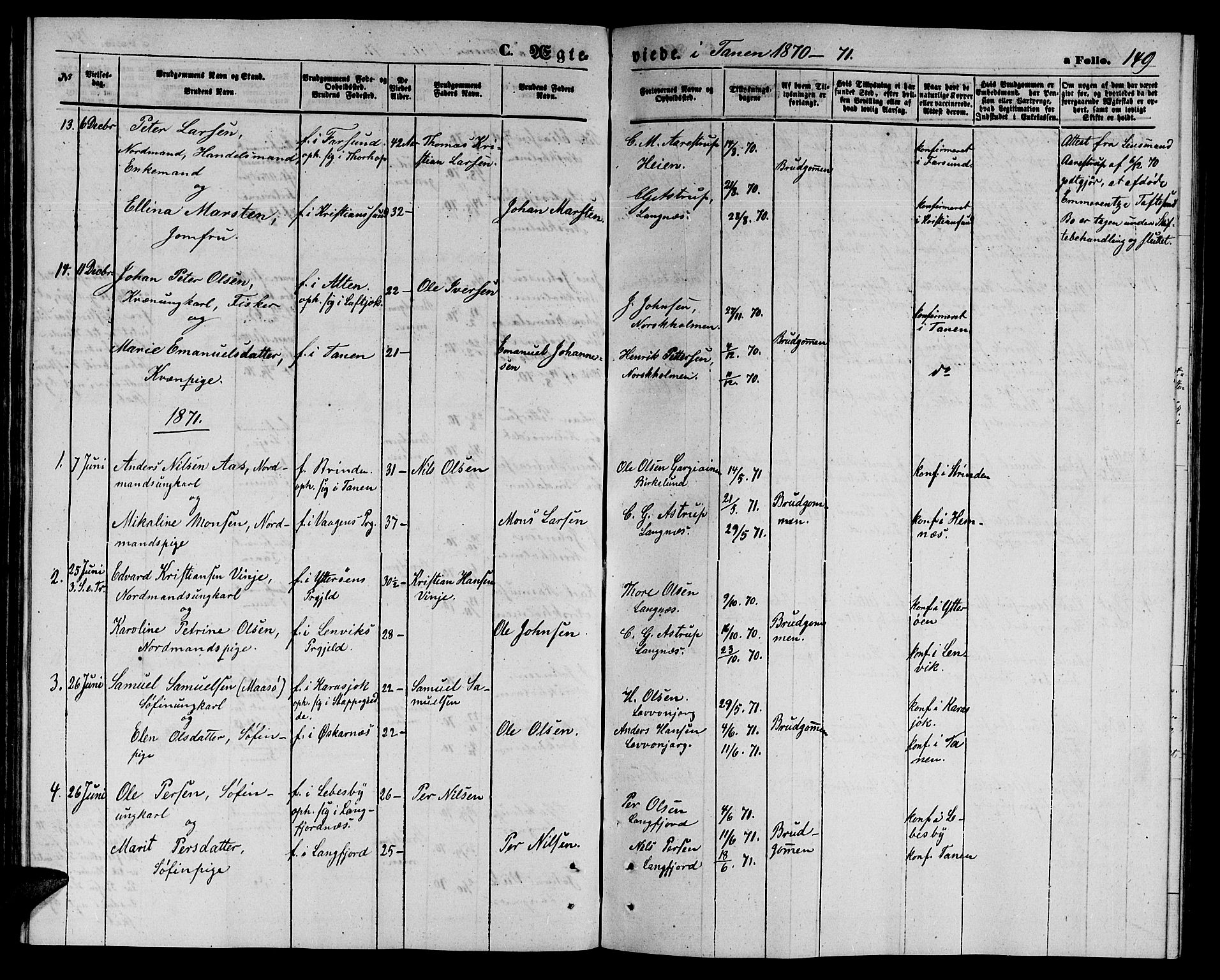 Tana sokneprestkontor, SATØ/S-1334/H/Hb/L0002klokker: Parish register (copy) no. 2 /1, 1866-1877, p. 149