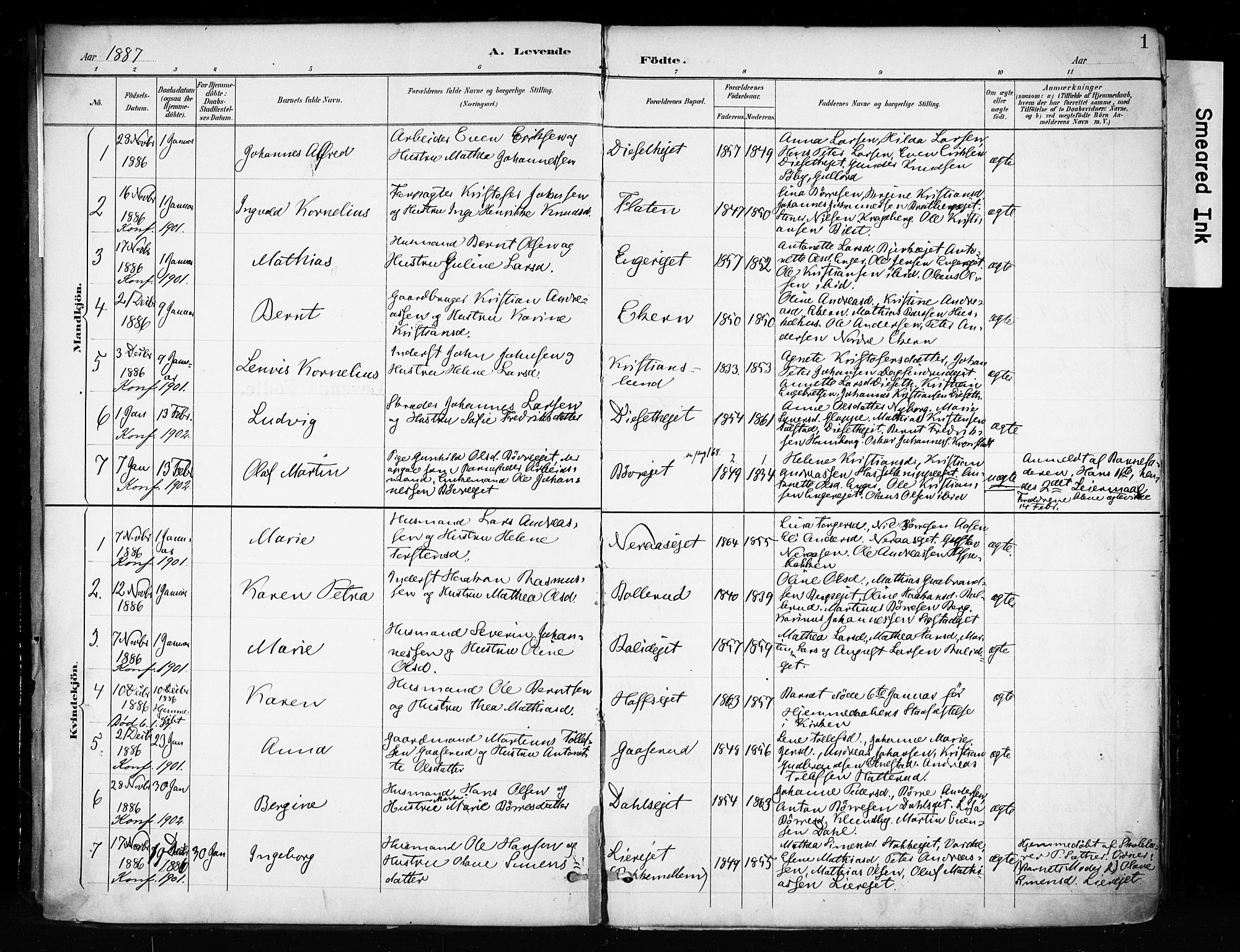 Biri prestekontor, SAH/PREST-096/H/Ha/Haa/L0009: Parish register (official) no. 9, 1887-1900, p. 1