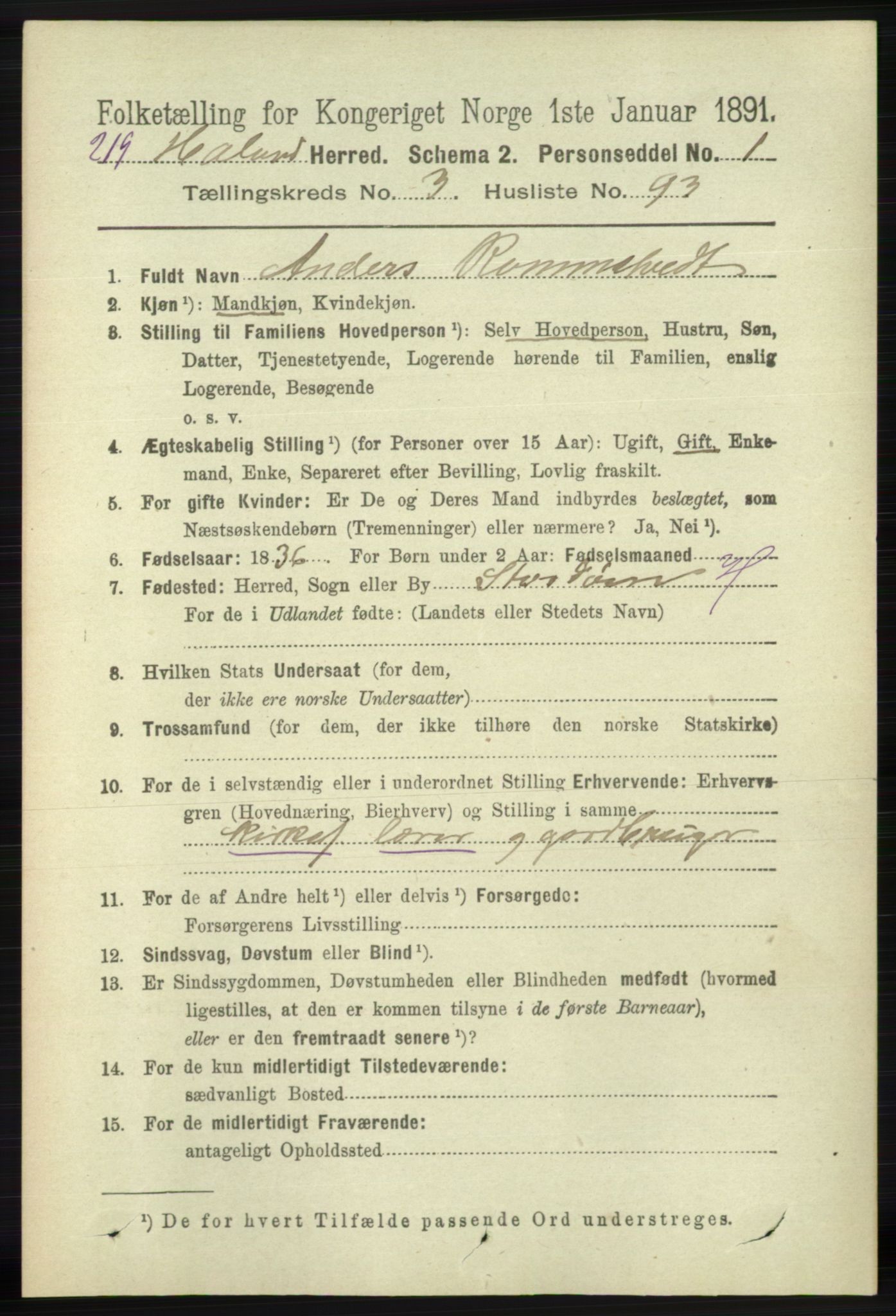 RA, 1891 census for 1124 Haaland, 1891, p. 2258