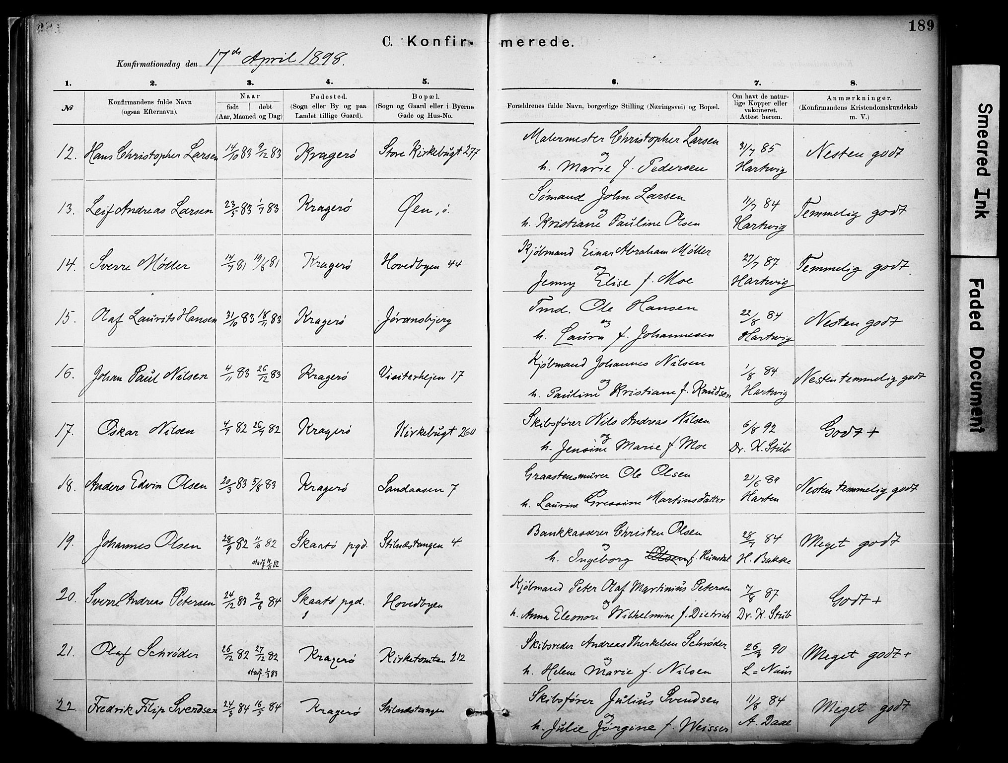 Kragerø kirkebøker, SAKO/A-278/F/Fa/L0012: Parish register (official) no. 12, 1880-1904, p. 189