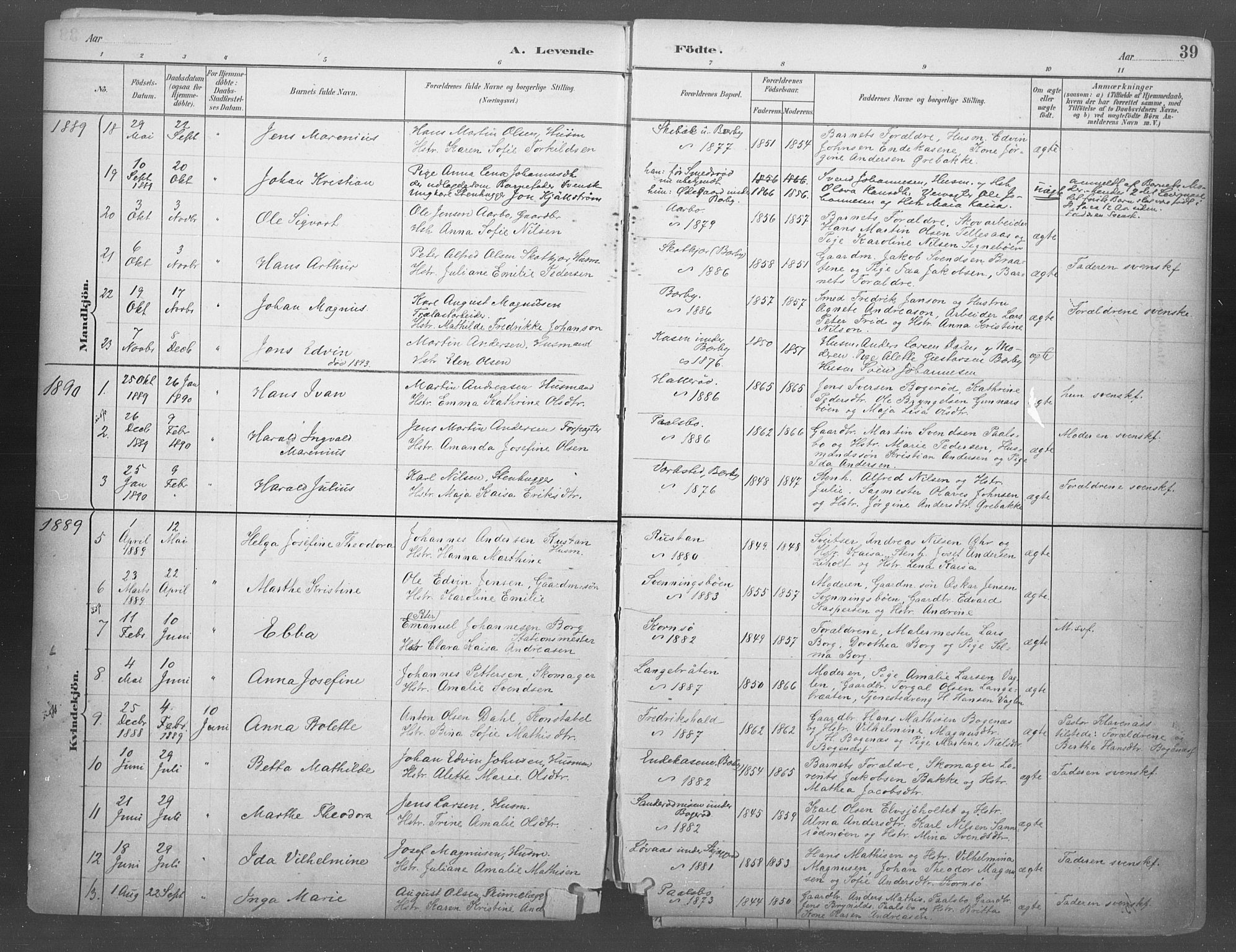 Idd prestekontor Kirkebøker, AV/SAO-A-10911/F/Fb/L0002: Parish register (official) no. II 2, 1882-1923, p. 39