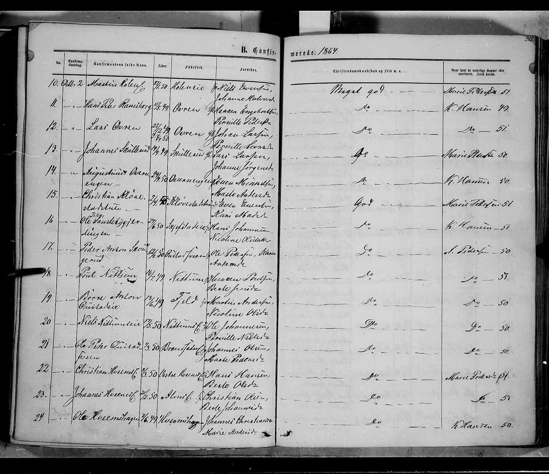 Østre Toten prestekontor, AV/SAH-PREST-104/H/Ha/Haa/L0004: Parish register (official) no. 4, 1857-1865, p. 212