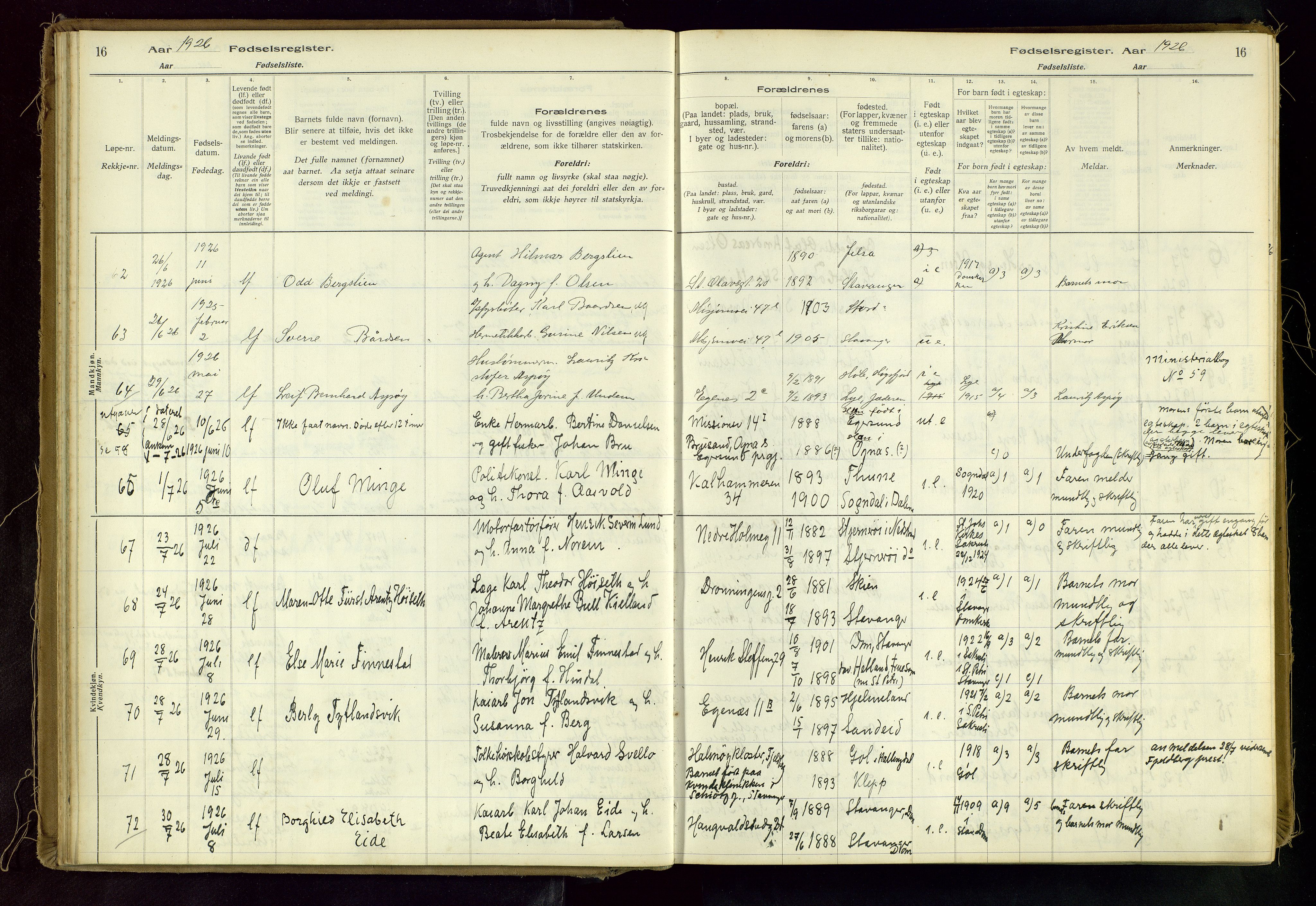 Domkirken sokneprestkontor, AV/SAST-A-101812/002/A/L0001: Birth register no. 1, 1925-1932, p. 16