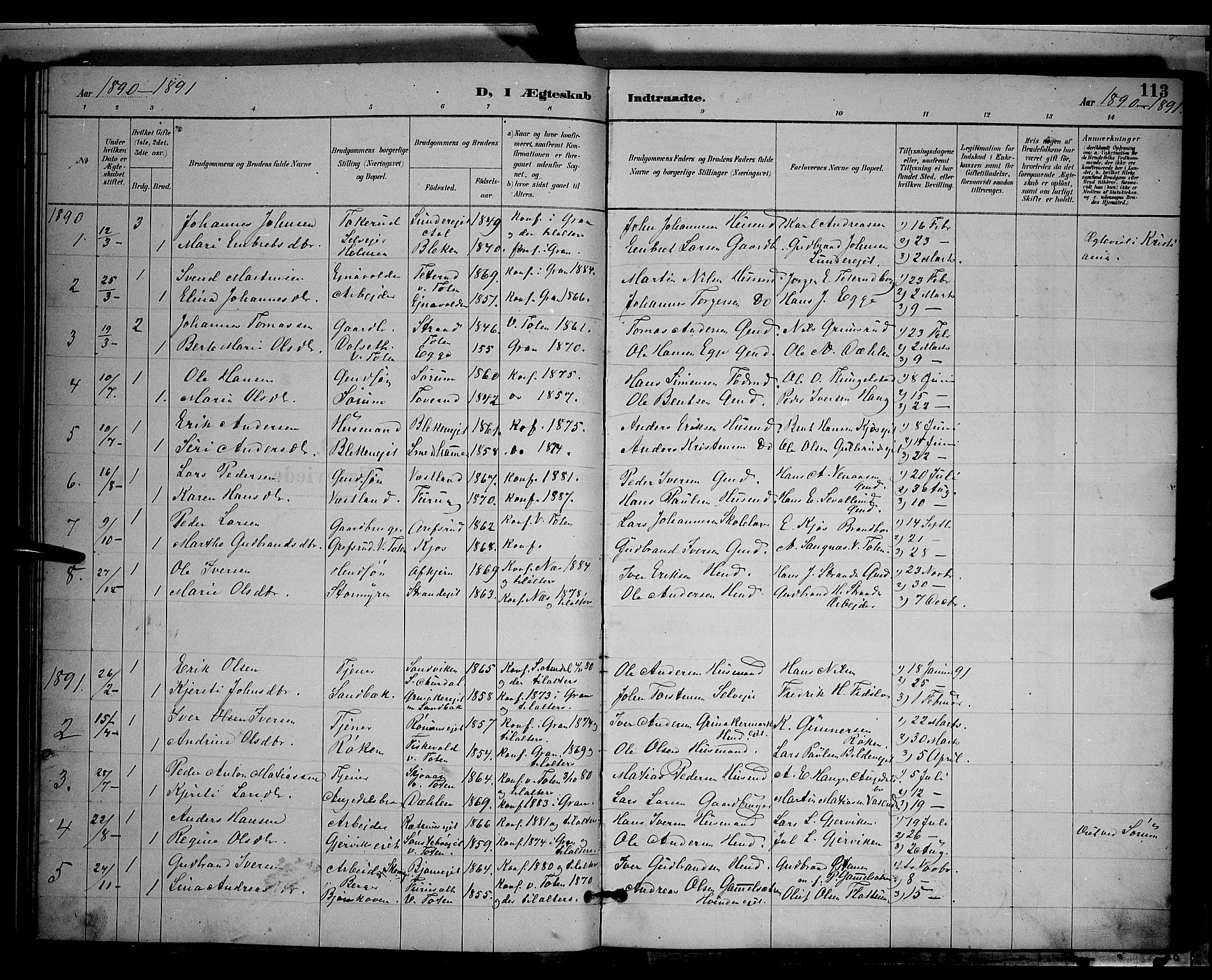 Gran prestekontor, SAH/PREST-112/H/Ha/Hab/L0004: Parish register (copy) no. 4, 1890-1899, p. 113