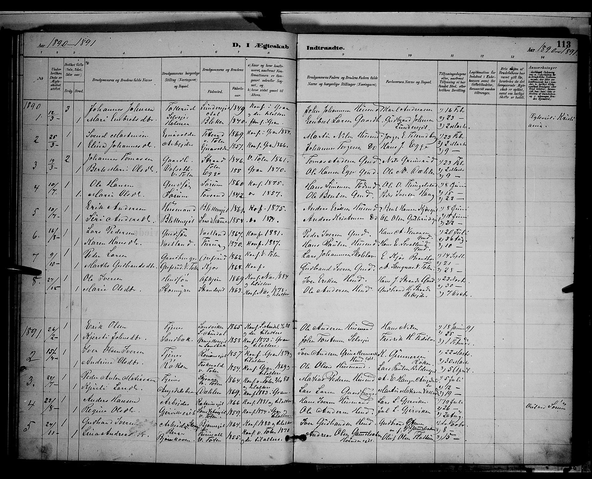 Gran prestekontor, AV/SAH-PREST-112/H/Ha/Hab/L0004: Parish register (copy) no. 4, 1890-1899, p. 113