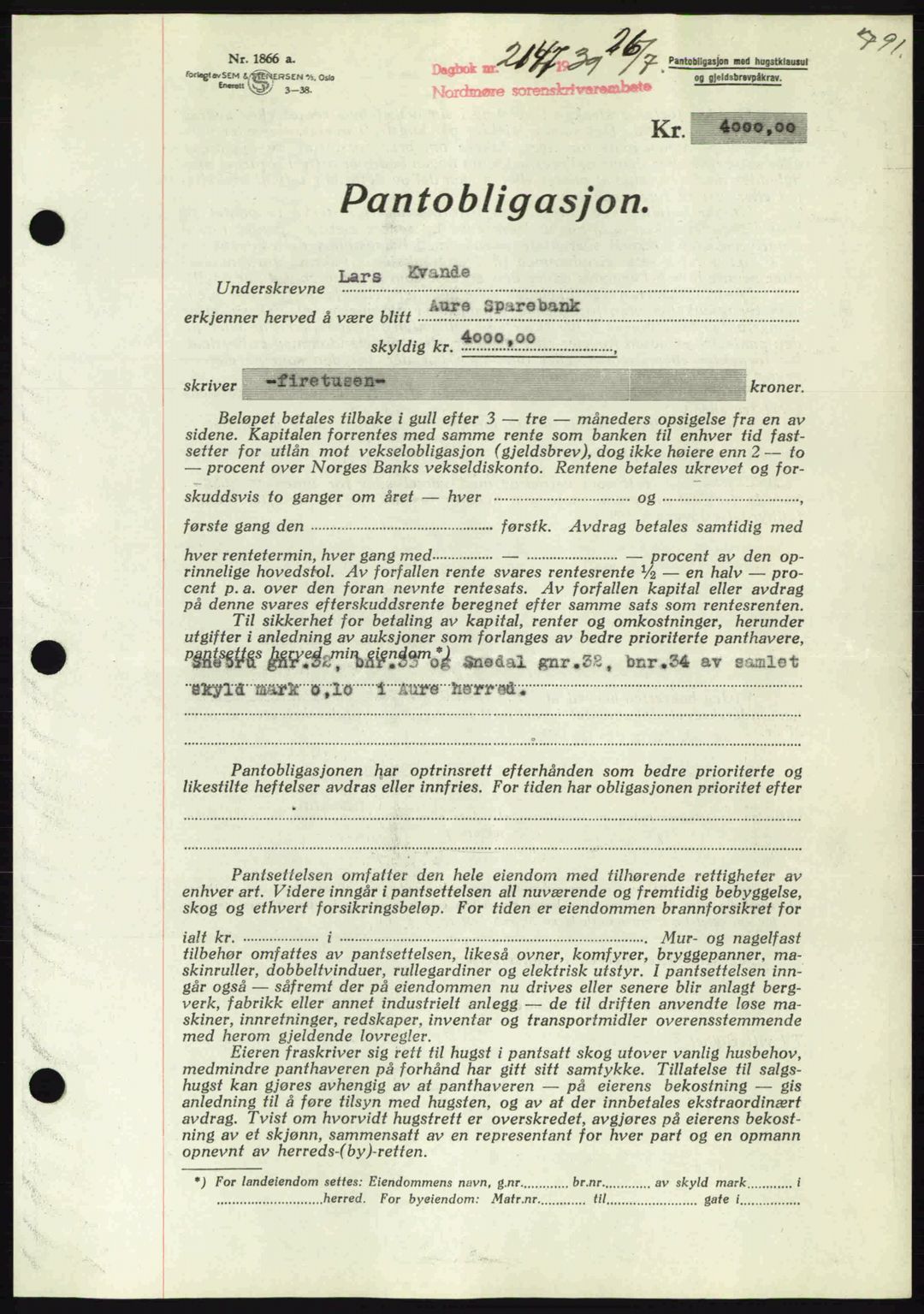 Nordmøre sorenskriveri, AV/SAT-A-4132/1/2/2Ca: Mortgage book no. B85, 1939-1939, Diary no: : 2147/1939