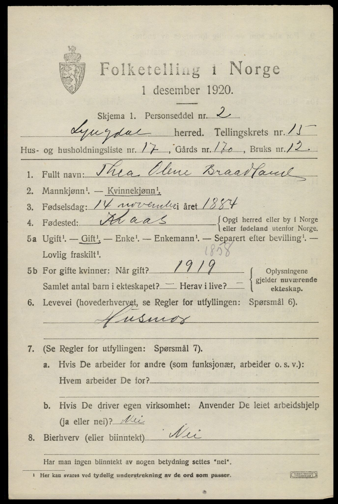 SAK, 1920 census for Lyngdal, 1920, p. 6473