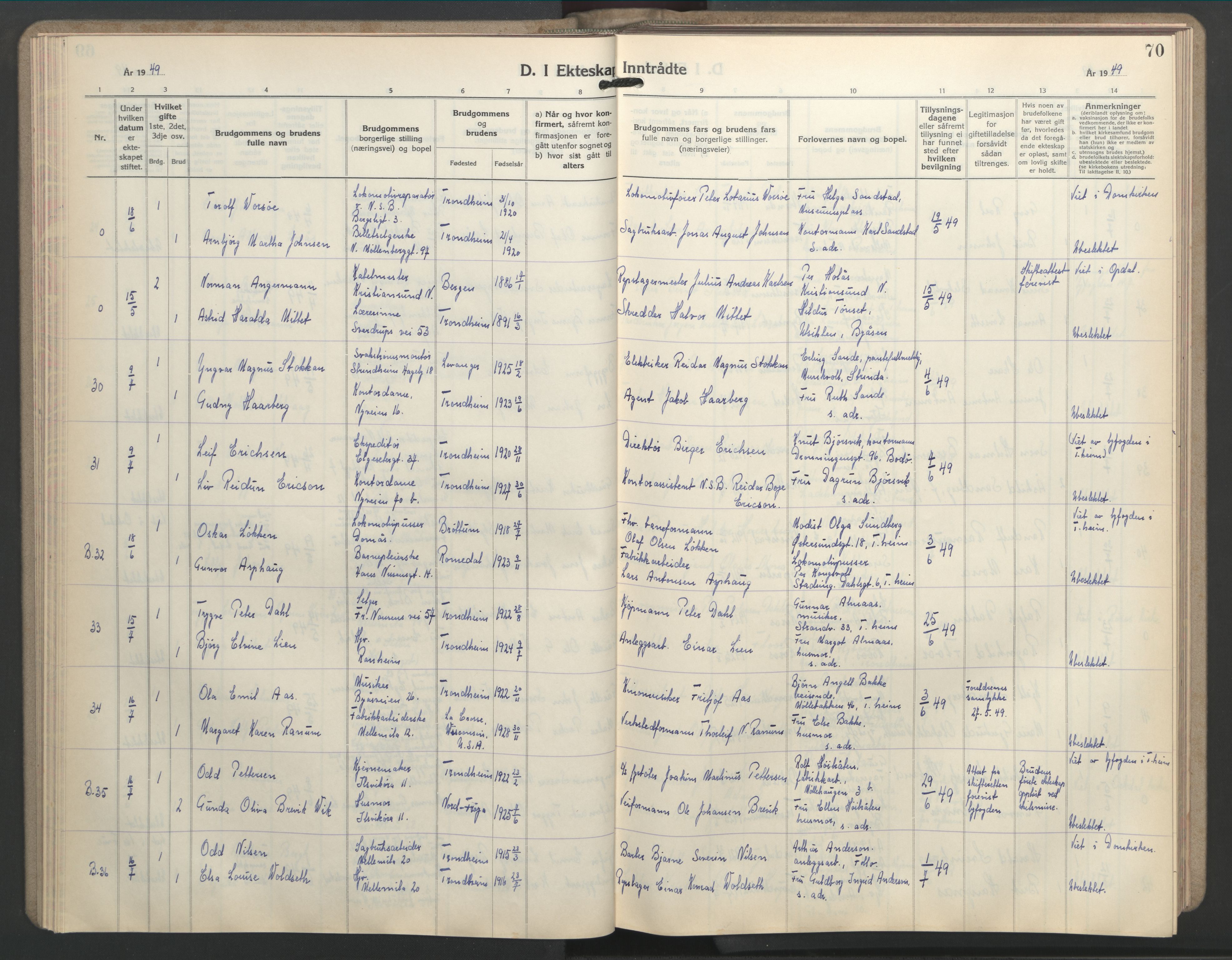 Ministerialprotokoller, klokkerbøker og fødselsregistre - Sør-Trøndelag, AV/SAT-A-1456/603/L0177: Parish register (copy) no. 603C05, 1941-1952, p. 70