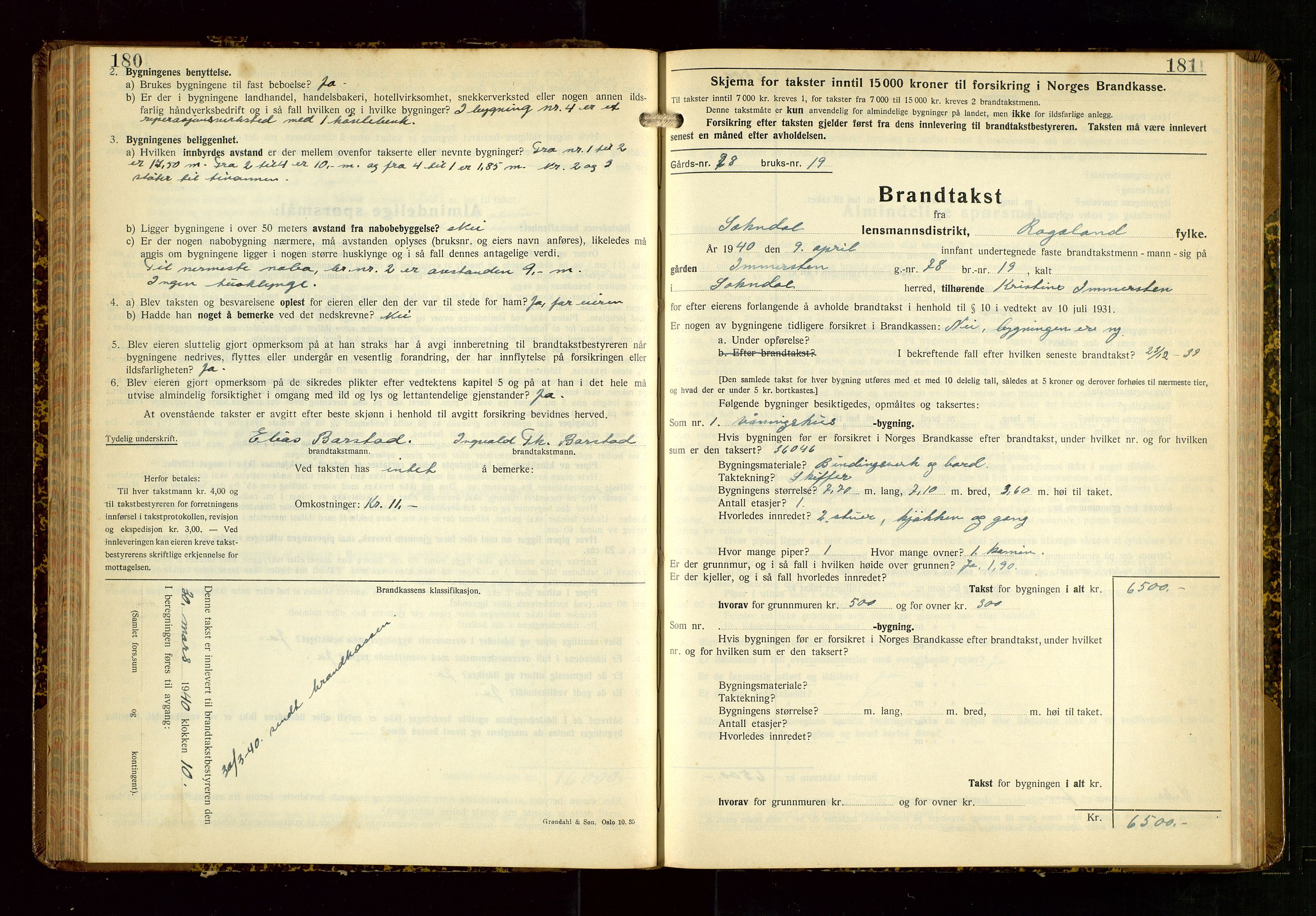 Sokndal lensmannskontor, AV/SAST-A-100417/Gob/L0008: "Brandtakst-Protokoll", 1937-1955, p. 180-181