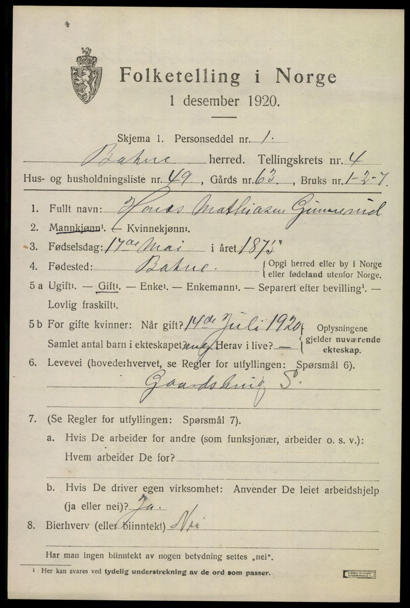 SAKO, 1920 census for Botne, 1920, p. 4159