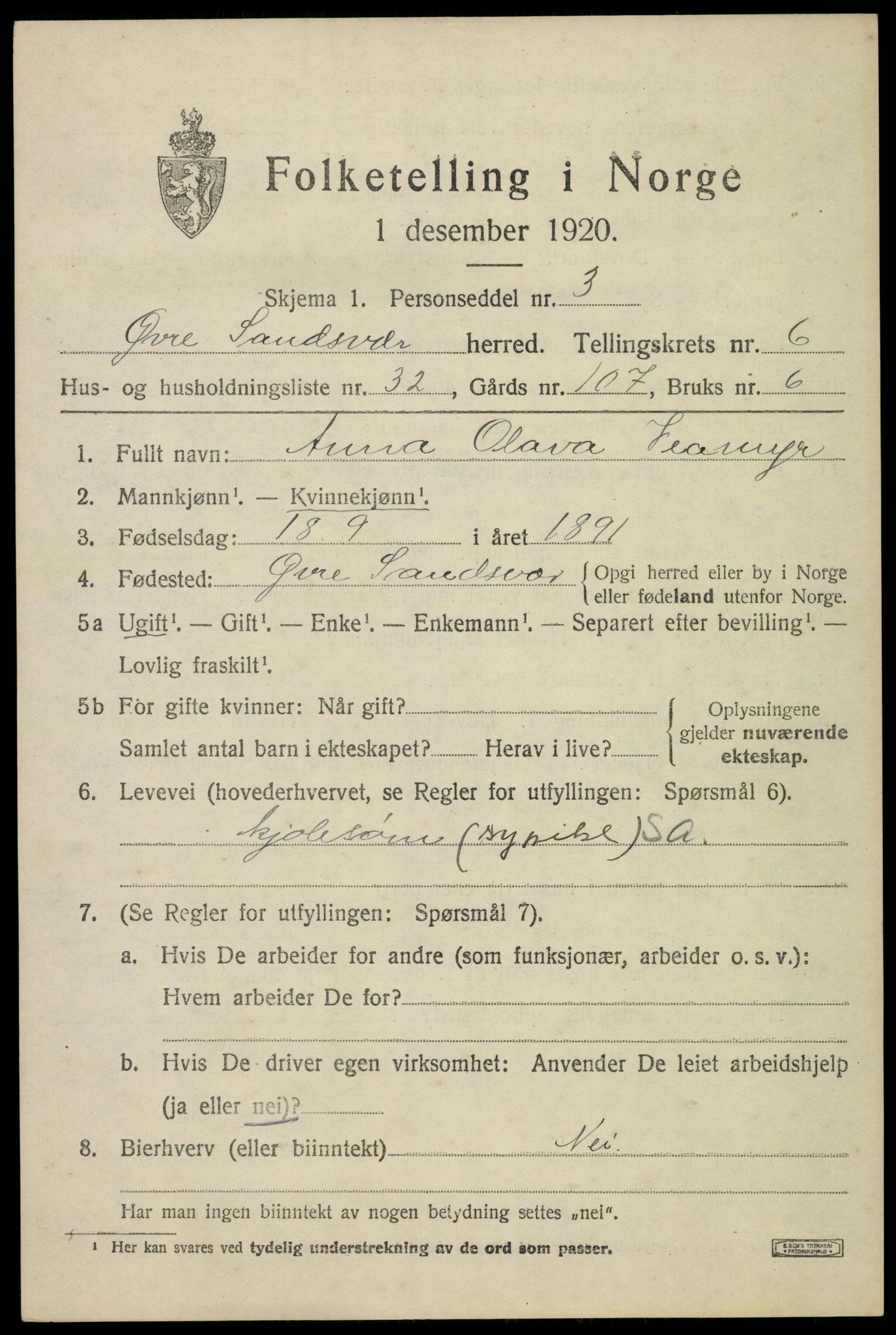 SAKO, 1920 census for Øvre Sandsvær, 1920, p. 3716