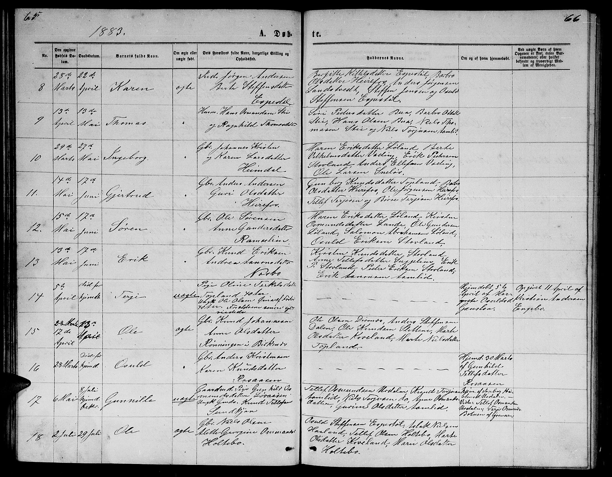 Herefoss sokneprestkontor, SAK/1111-0019/F/Fb/Fba/L0002: Parish register (copy) no. B 2, 1868-1886, p. 65-66