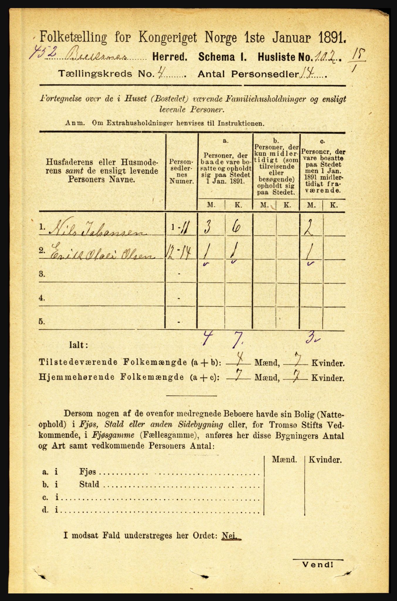 RA, 1891 census for 1860 Buksnes, 1891, p. 3002