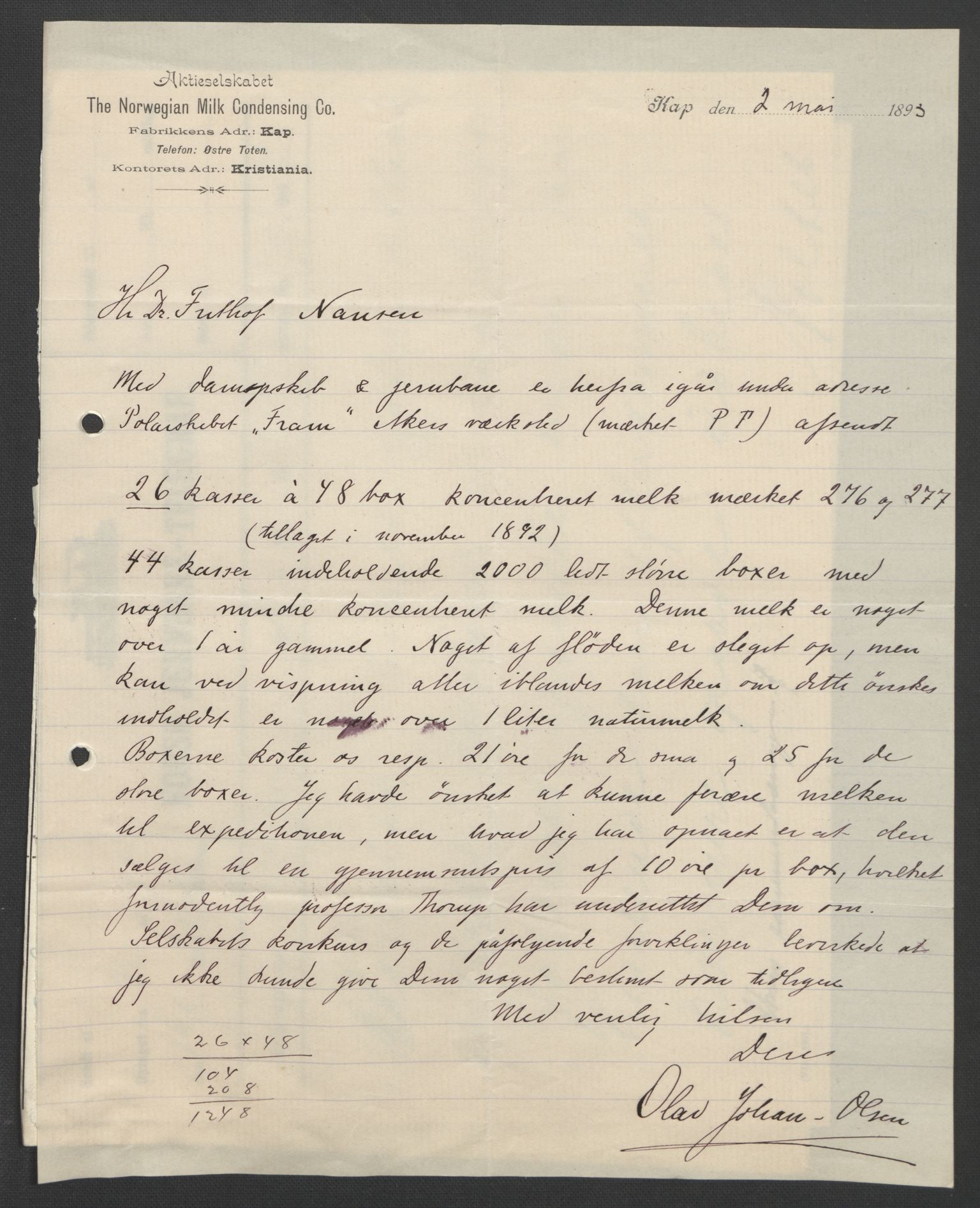 Arbeidskomitéen for Fridtjof Nansens polarekspedisjon, AV/RA-PA-0061/D/L0004: Innk. brev og telegrammer vedr. proviant og utrustning, 1892-1893, p. 753